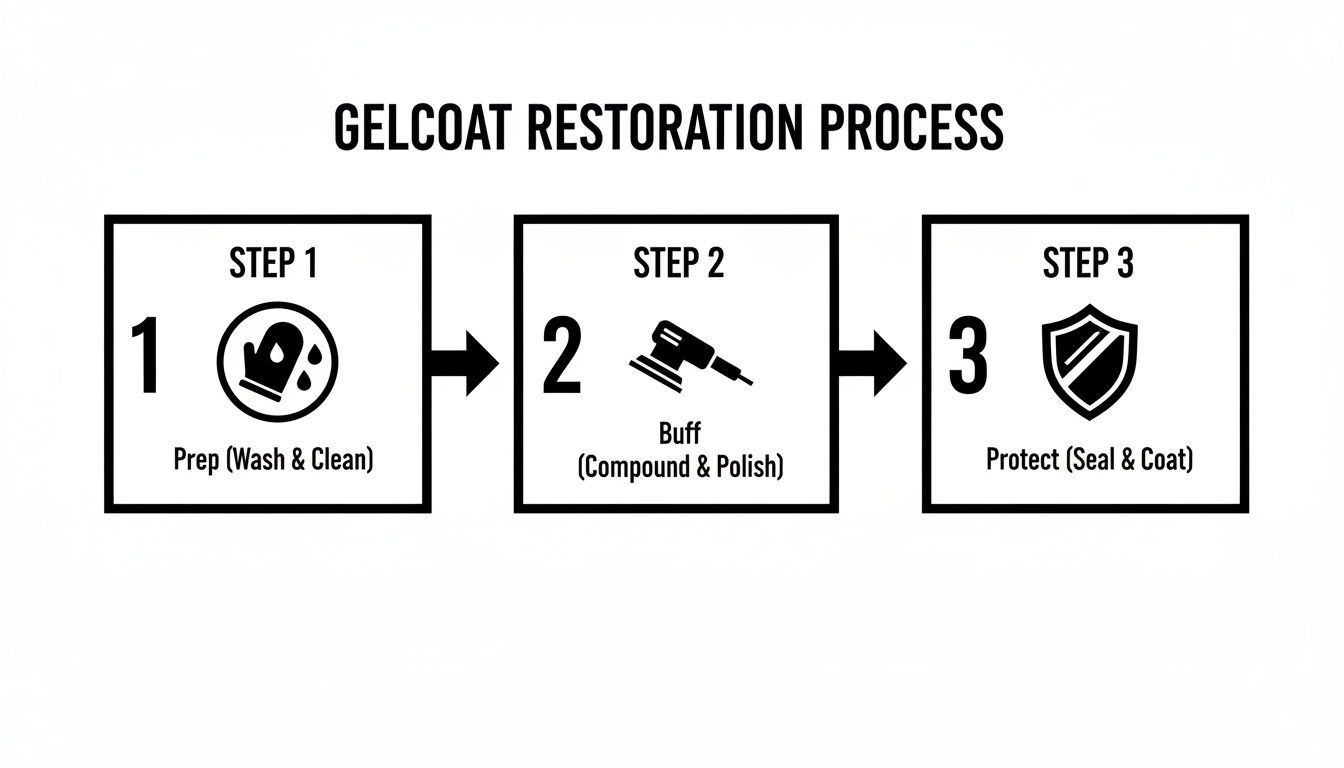 Detailed diagram illustrating the three-step gelcoat restoration process: Prep, Buff, and Protect.