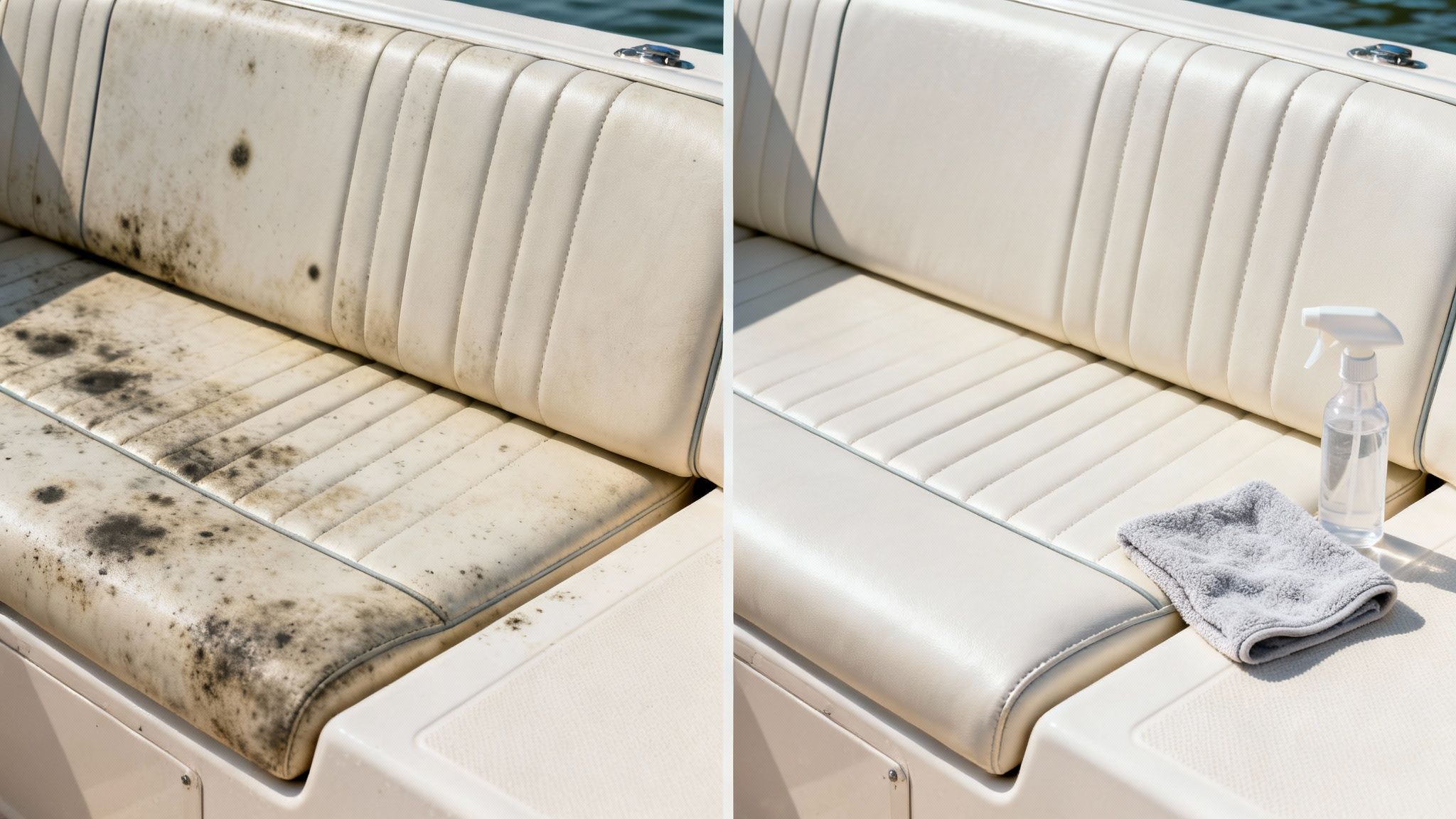Moldy boat seat before and after cleaning, showing effective restoration with cleaning products.
