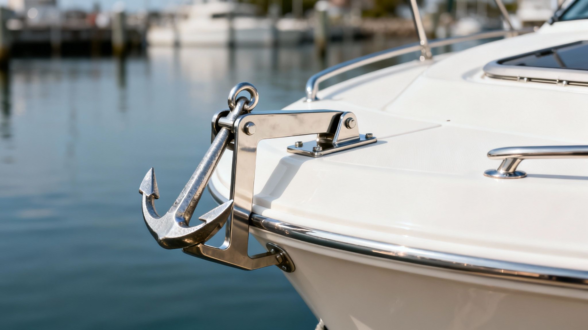 A polished chrome anchor is securely held by a bracket on the bow of a white boat.