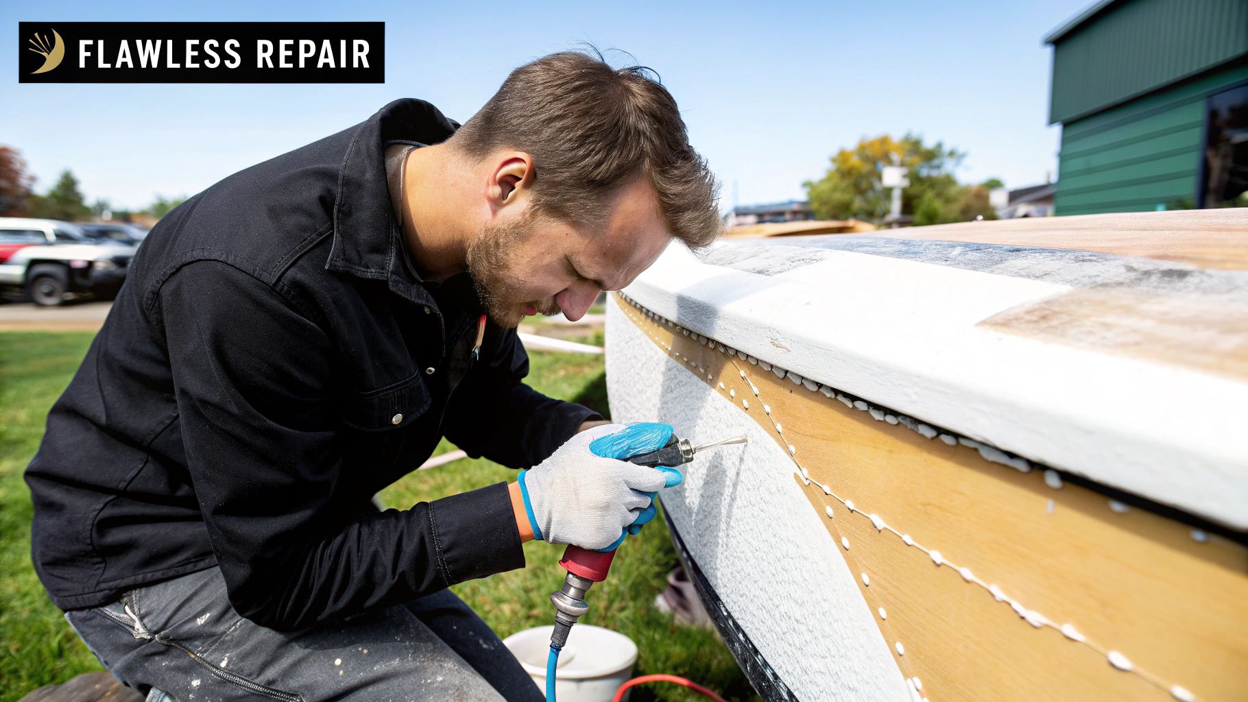 A person carefully applying epoxy resin to the hull of a boat