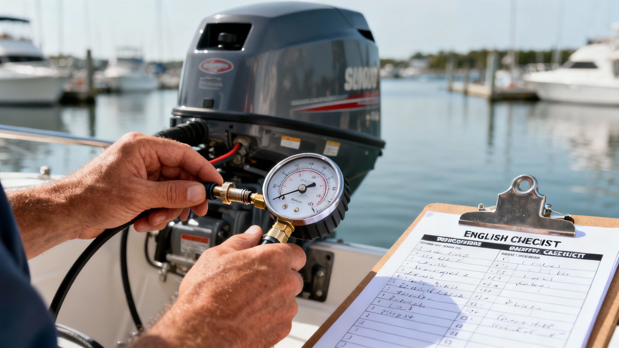Mechanic's hands connecting a pressure gauge to an outboard motor on a boat with a checklist.