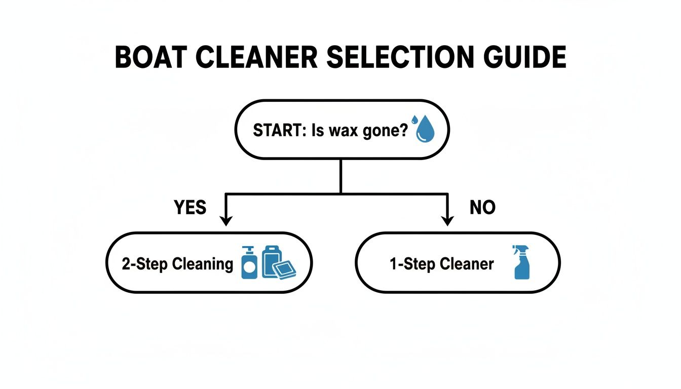 Flowchart for selecting boat cleaner, guiding to 1-step or 2-step cleaning based on wax presence.