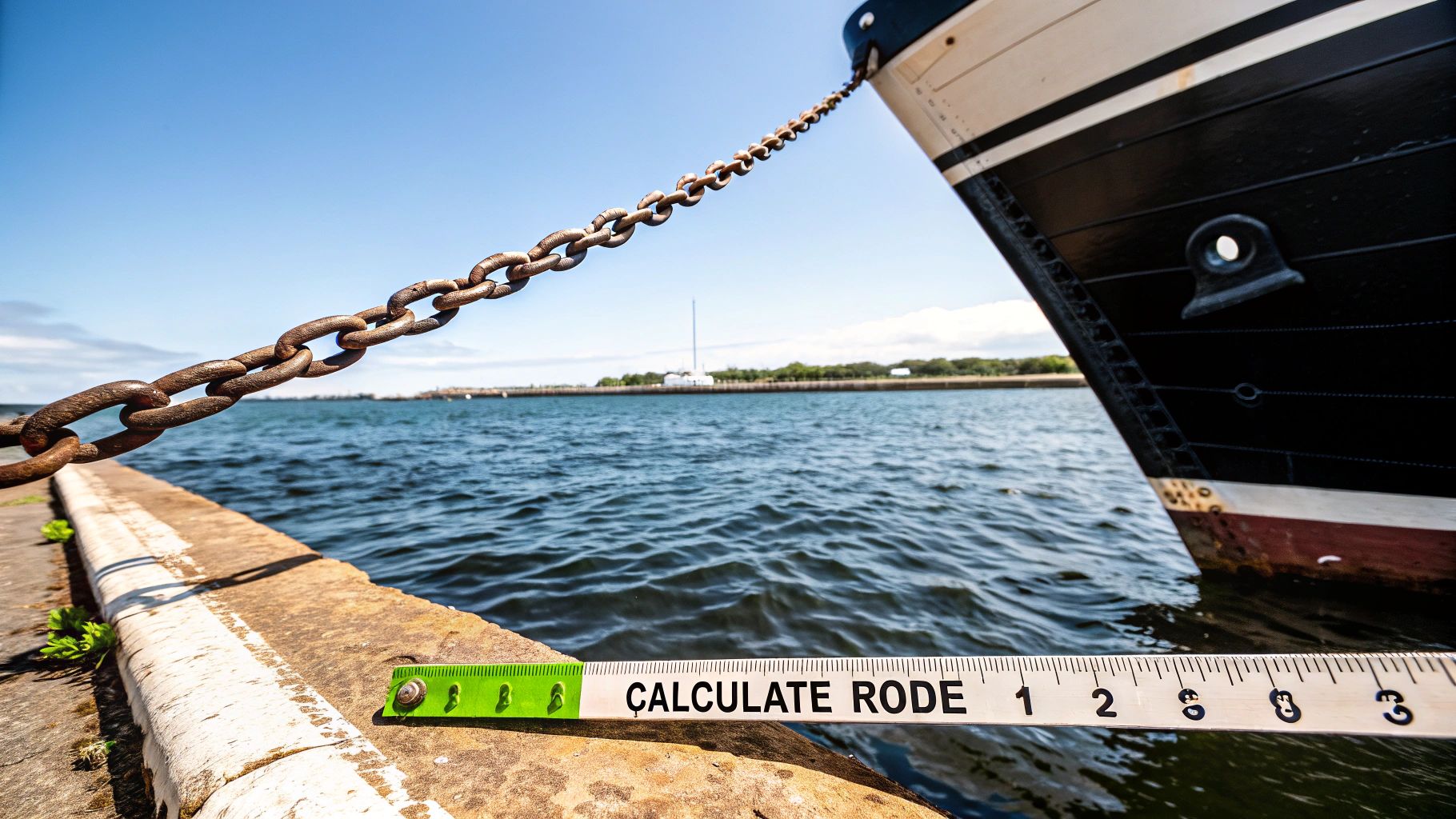A neatly coiled anchor chain on the deck of a boat.