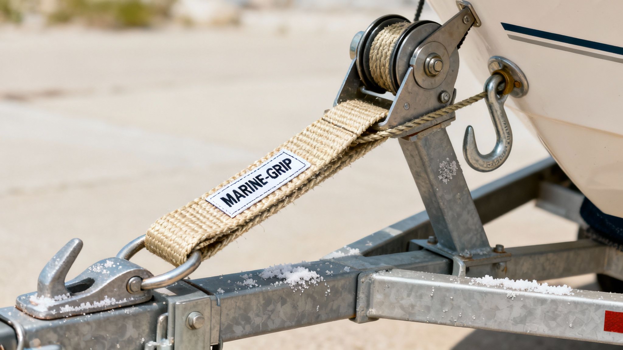 Close-up of a boat trailer's winch strap, hook, and boat bow with 'MARINE-GRIP' label and salt.