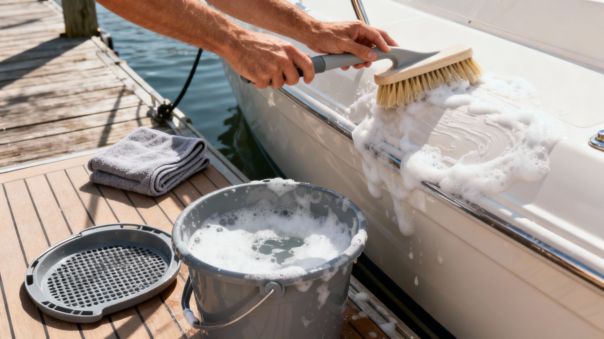 A person's hands scrubbing a white boat with a brush and soapy water next to a wooden dock.