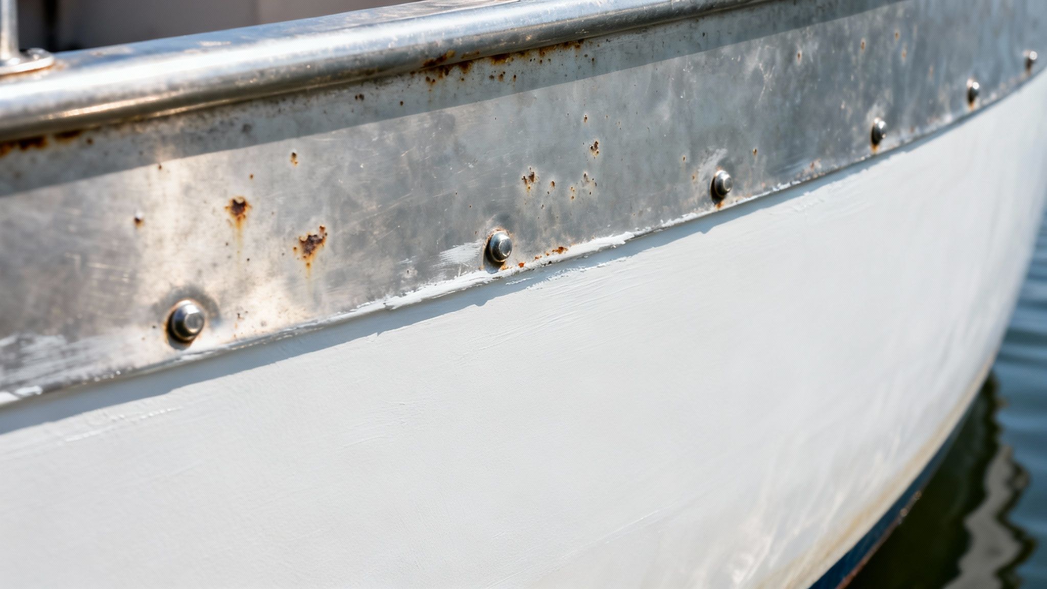 Close-up of a boat's hull with rusted aluminum trim and fresh white primer paint.