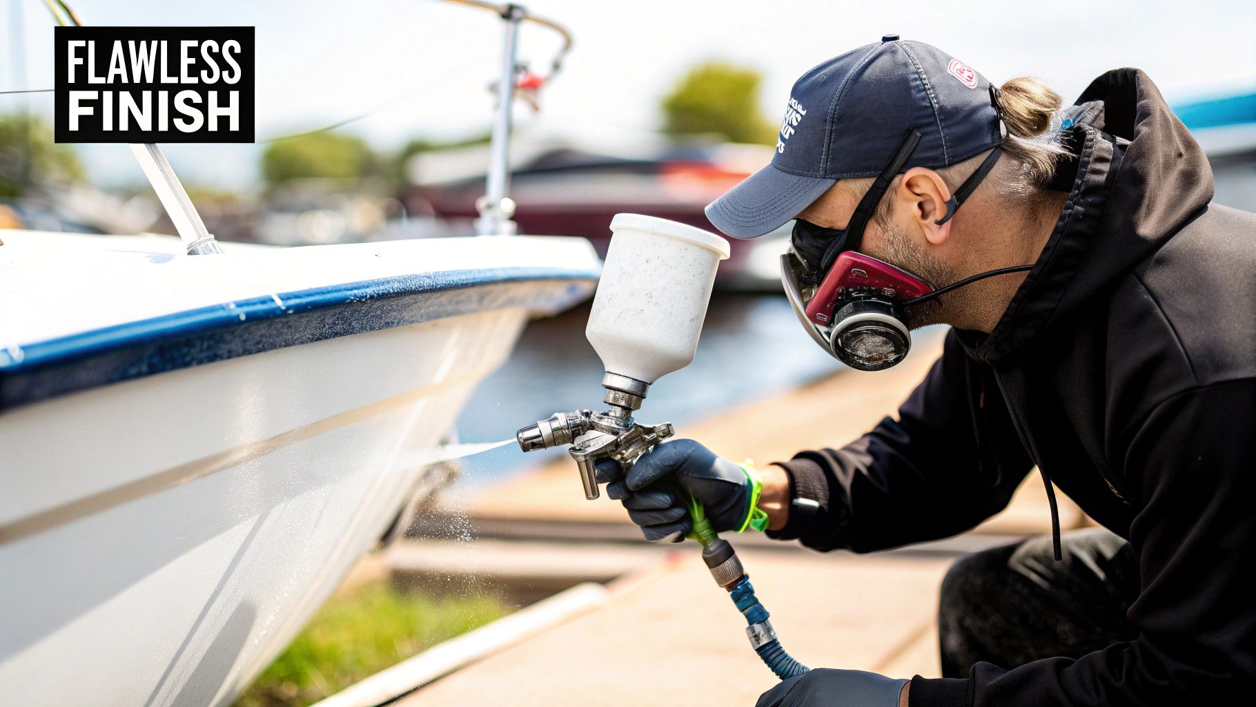 A person using a spray gun to apply a clear coat to a boat