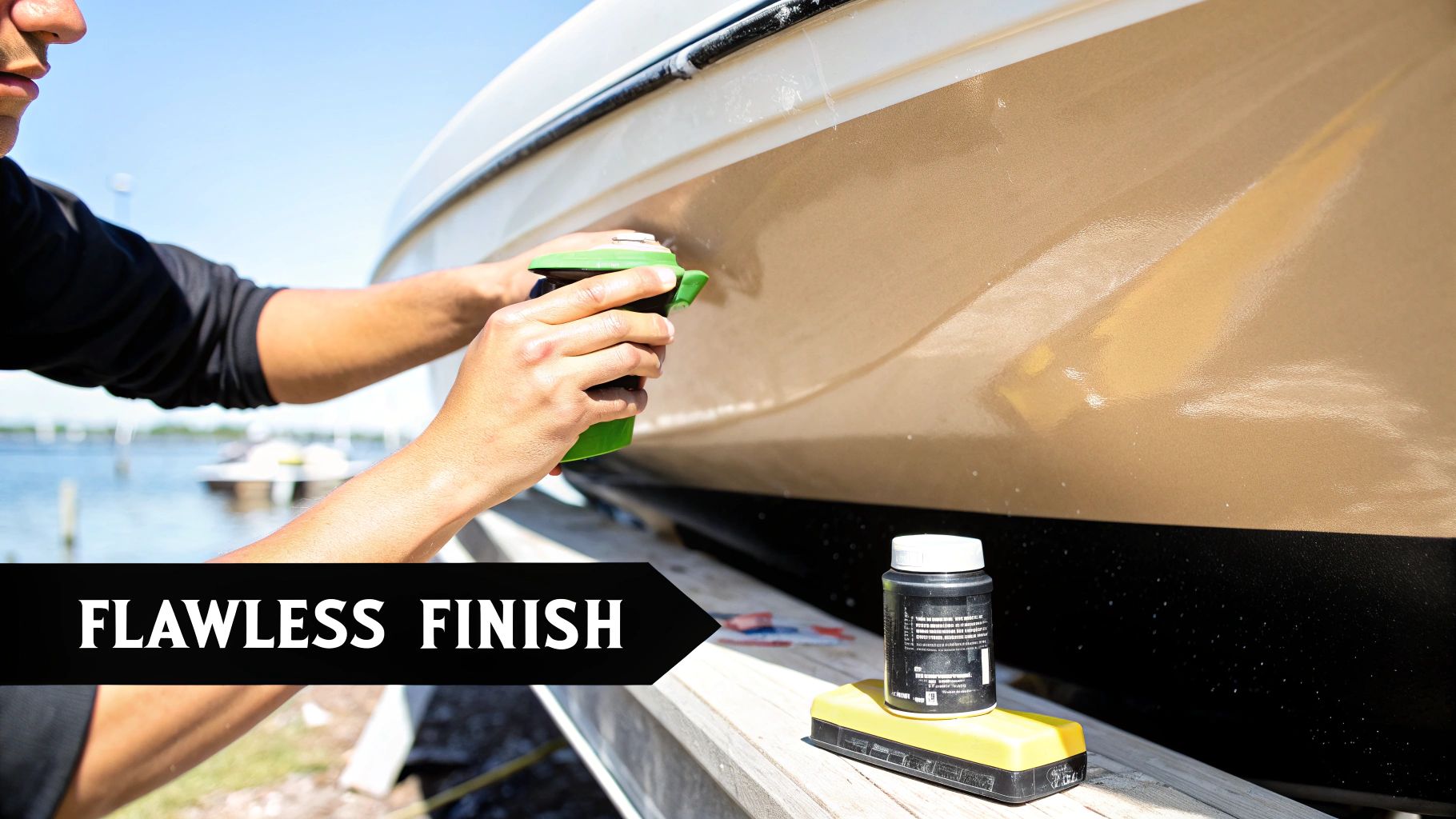 A boat owner polishing a freshly applied gelcoat repair on a boat hull.