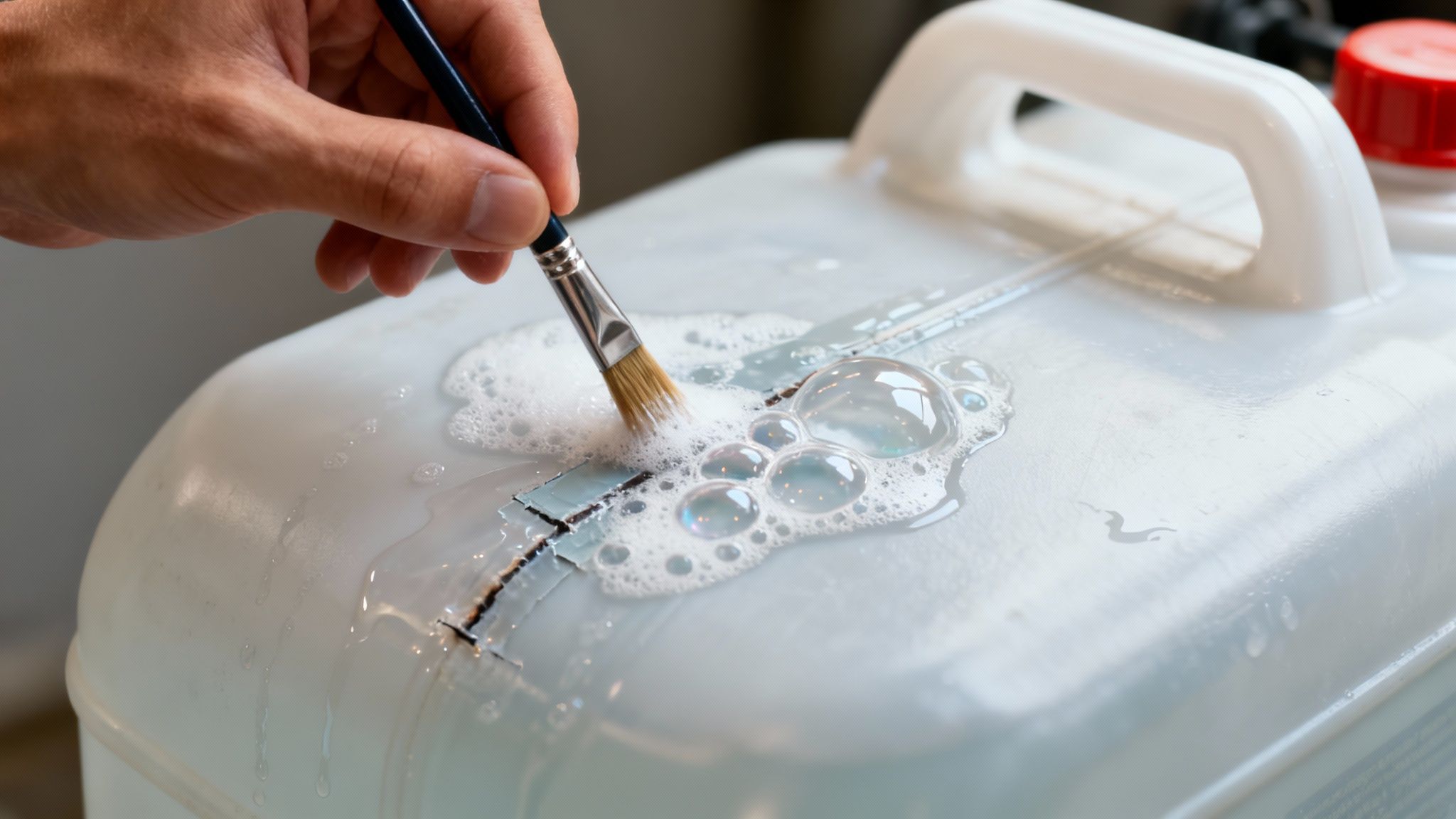 A technician checking a newly repaired plastic gas tank for leaks.