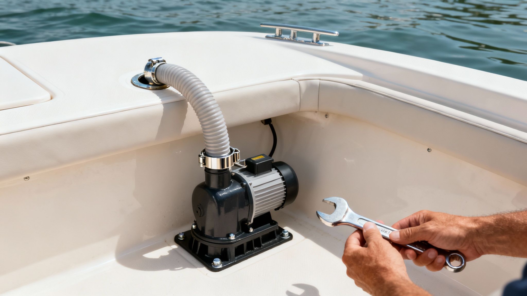 Hands holding a wrench, ready to maintain a submersible bilge pump in a boat.