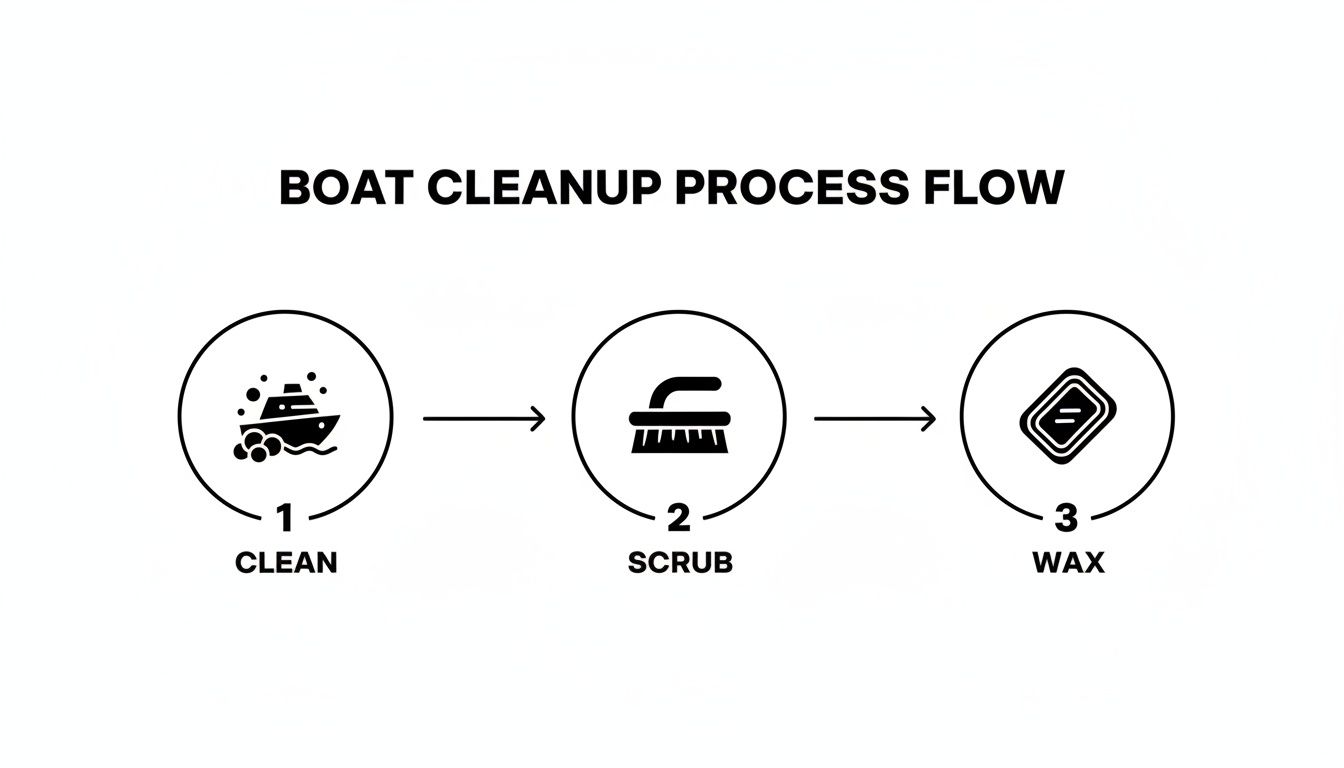 Flowchart outlining the three-step boat cleanup process: clean, scrub, and wax, with corresponding icons.