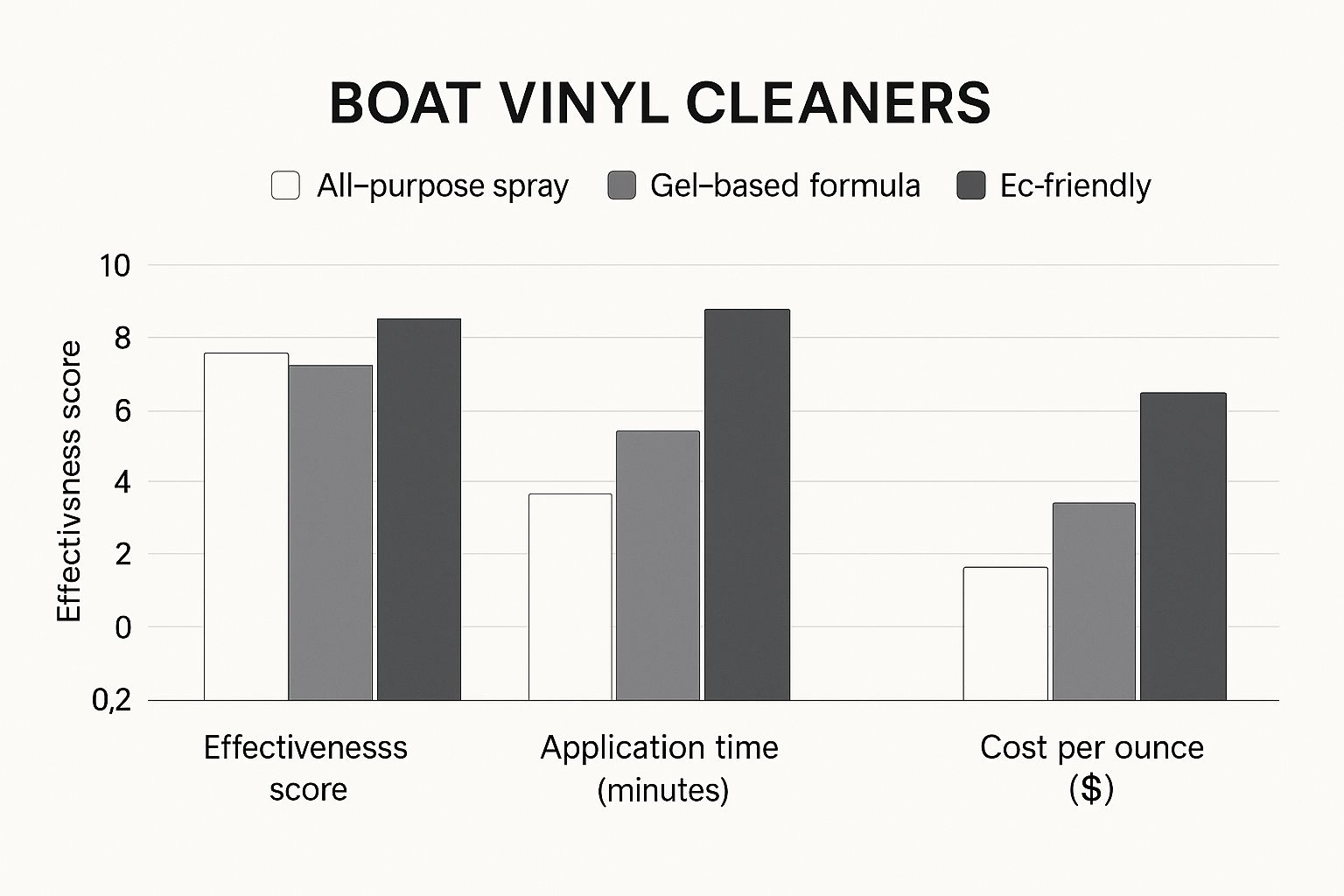 Infographic comparing all-purpose, gel-based, and eco-friendly boat vinyl cleaners across effectiveness, application time, and cost per ounce.
