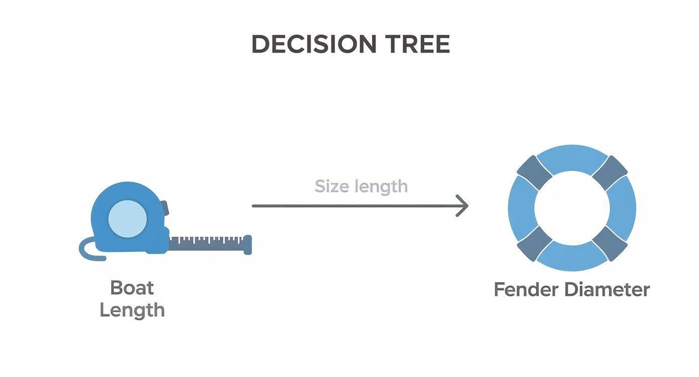 Decision tree diagram showing how boat length (measuring tape) determines fender diameter (lifebuoy) using size length.