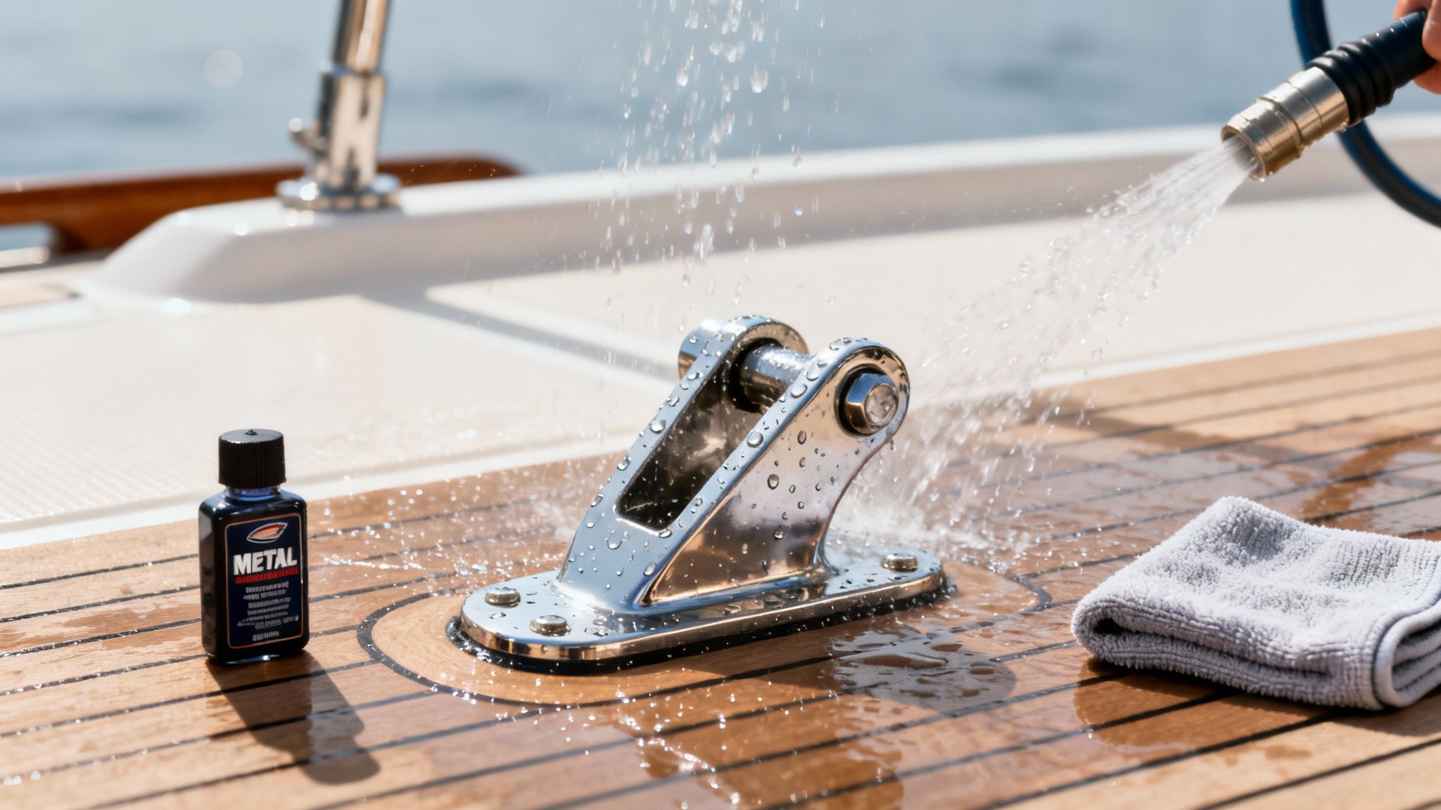A shiny metal boat anchor bracket is being rinsed with water on a wooden boat deck, with cleaning products nearby.