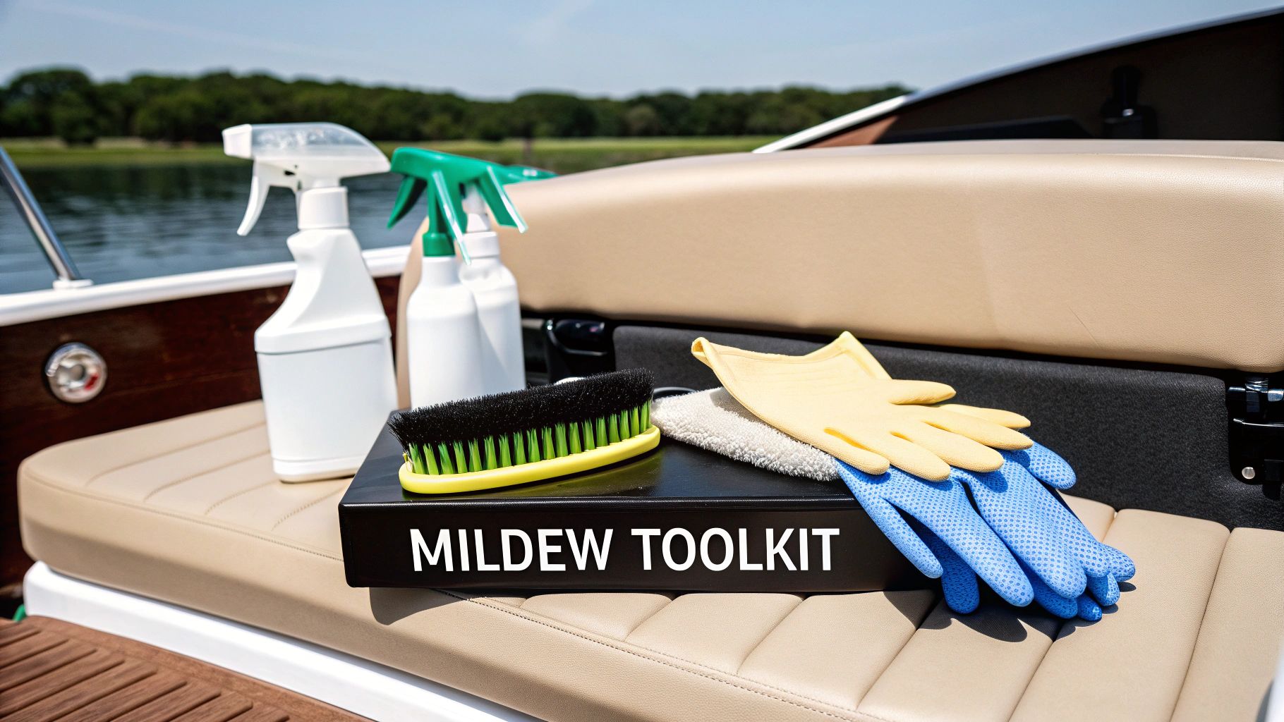 A collection of boat cleaning supplies including brushes, towels, and spray bottles on a wooden dock
