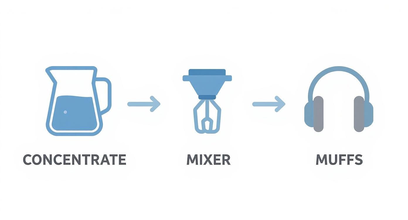 Diagram showing concentrate mixed in mixer resulting in muffs for engine maintenance process
