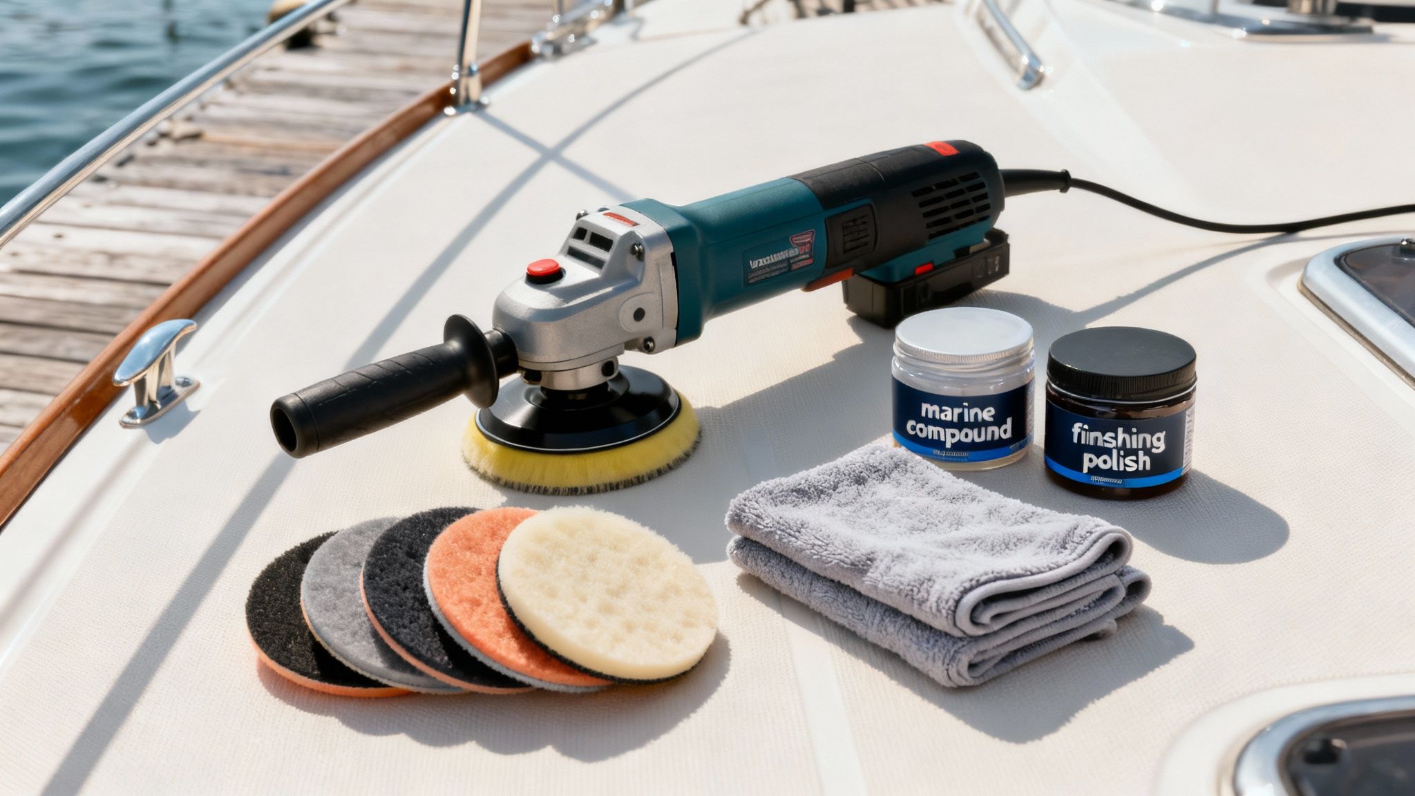 Tools for polishing a boat, including a power polisher, pads, marine compound, and polish, laid out on a boat deck.