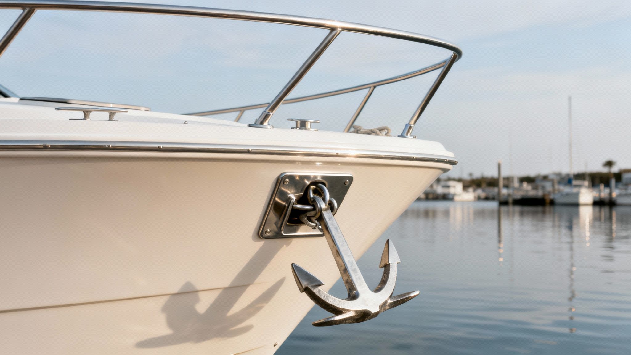 A close-up of a white boat's bow with a silver anchor hanging from its bracket, docked in a calm marina.