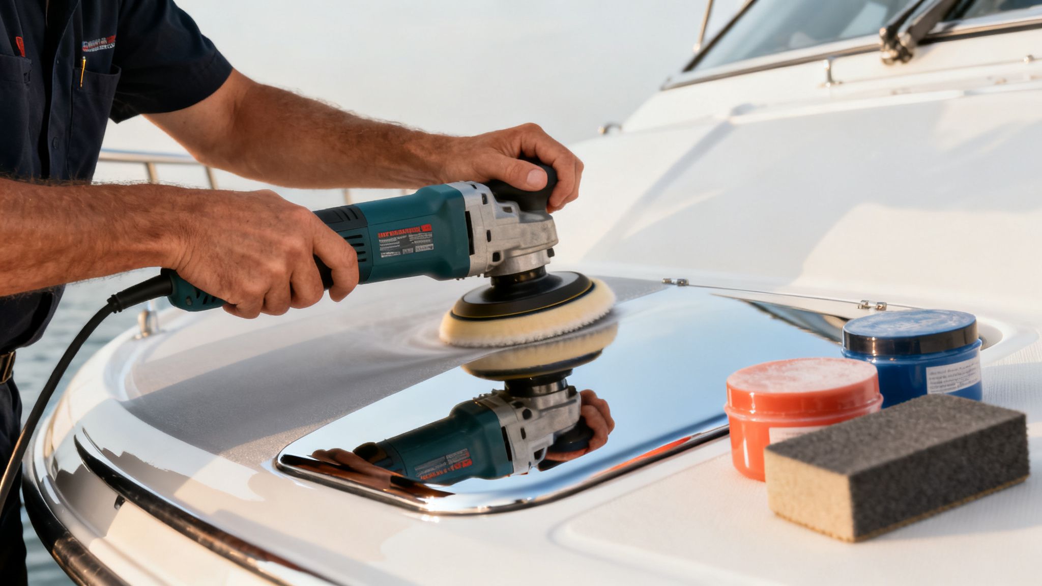 A person uses an electric polisher to buff the reflective surface of a white boat's hull.