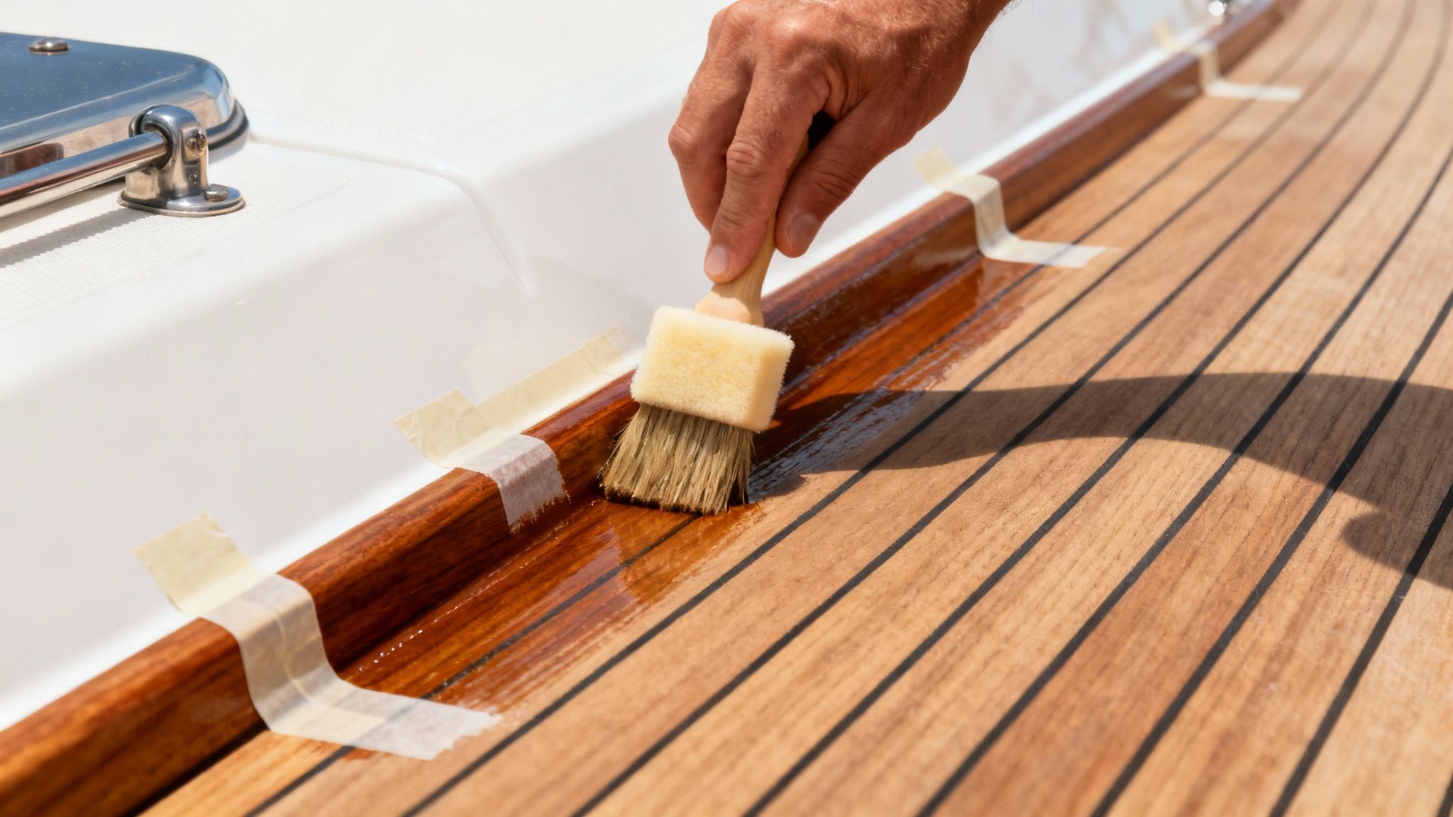 A person using a foam brush to apply teak sealer to a boat's teak railing, with other parts taped off.