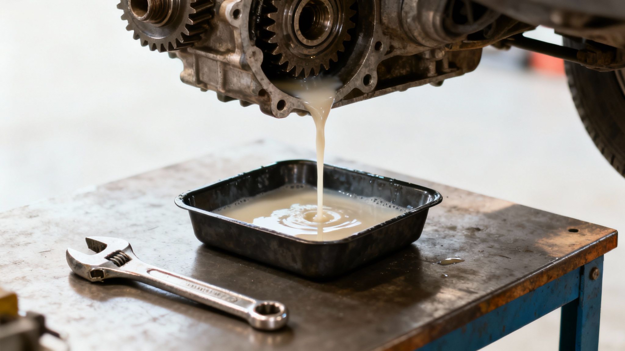 Contaminated milky fluid drains from an outboard motor into a black pan during maintenance.