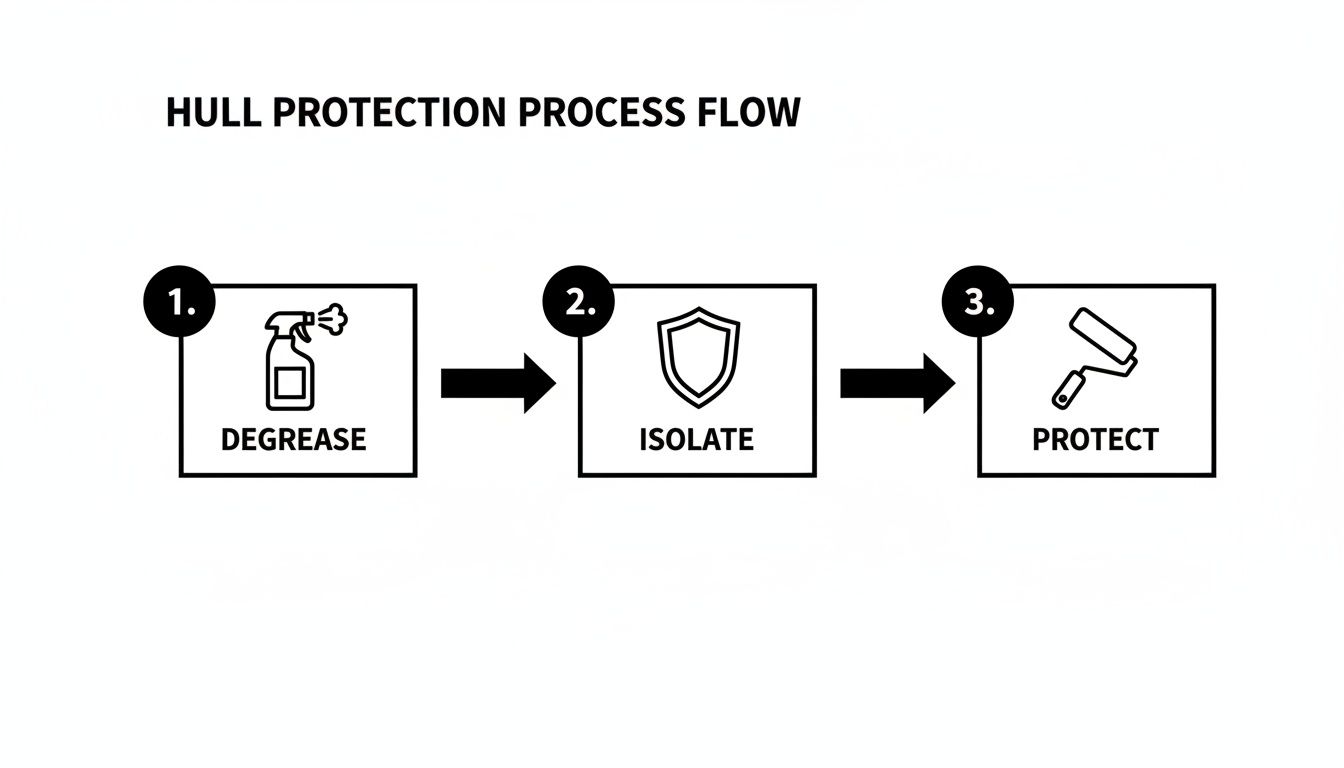 Process flow diagram illustrating three steps for hull protection: degrease, isolate, and protect.