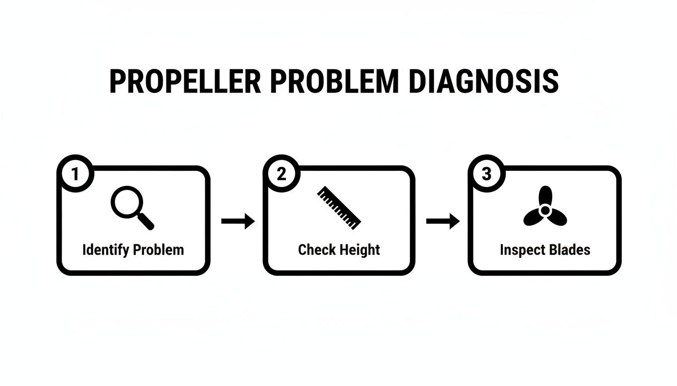A three-step diagram illustrating propeller problem diagnosis, covering identification, height check, and blade inspection.