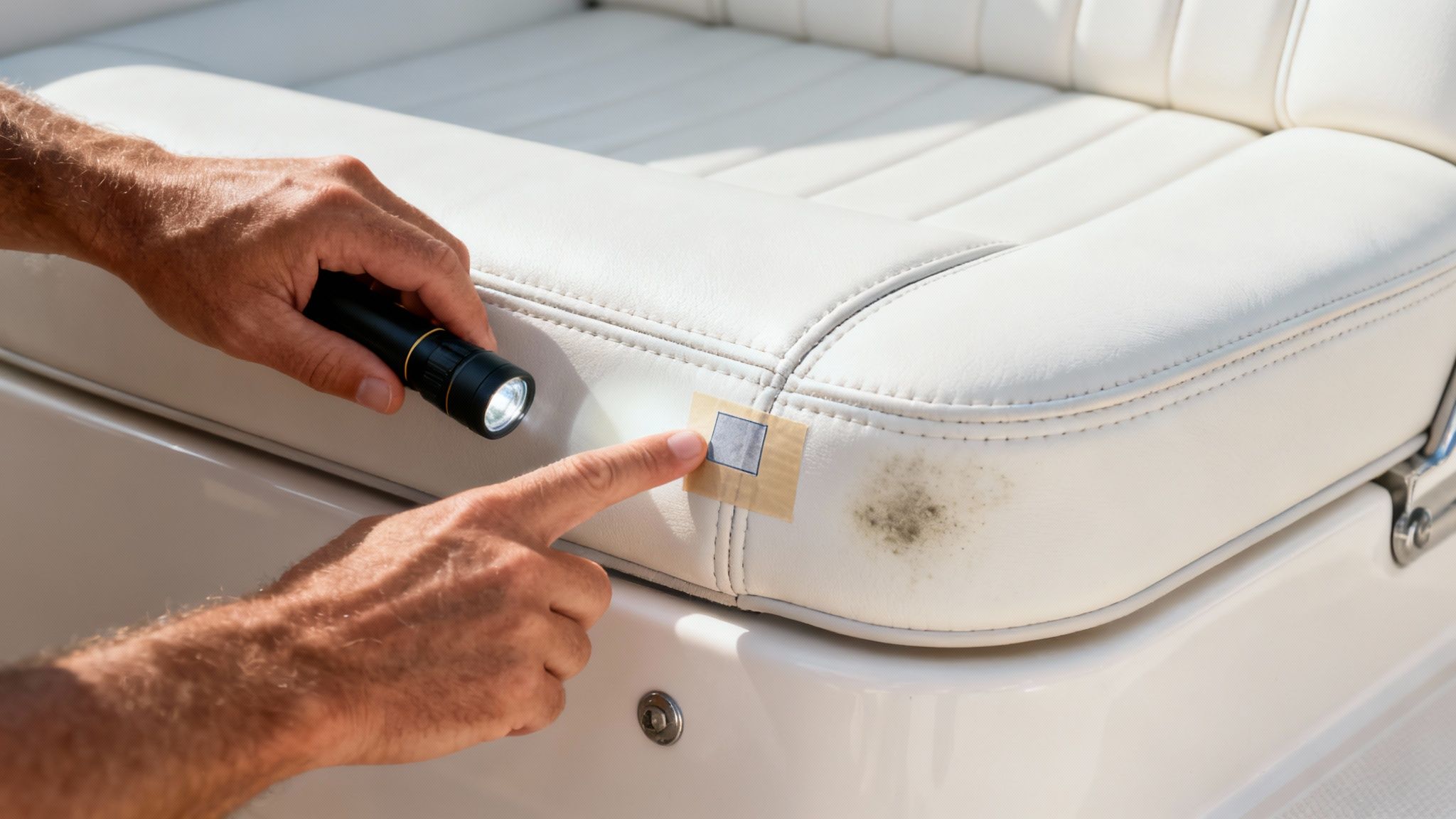 Close-up of boat upholstery being inspected before cleaning.