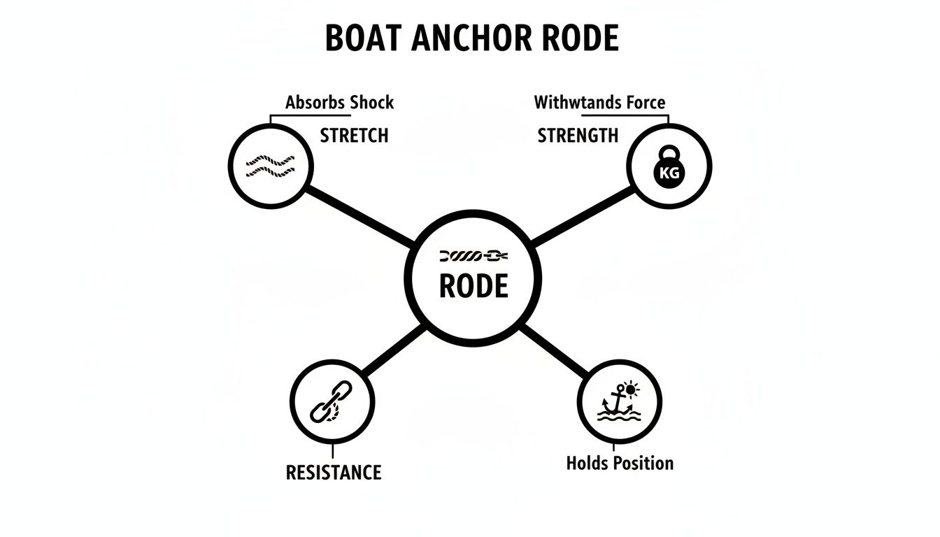 Diagram illustrating the four key properties of a boat anchor rode: stretch, strength, resistance, and holding position.