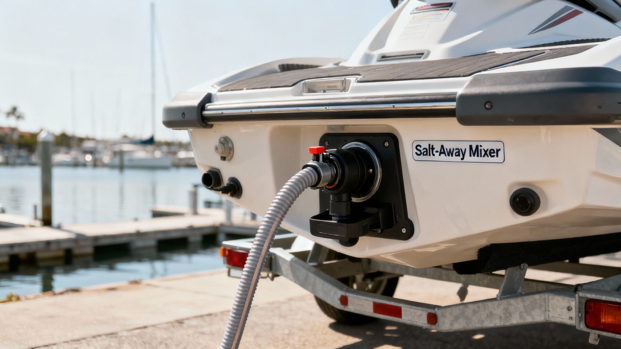 Salt-Away Mixer attachment installed on boat transom with flexible hose for engine flushing at marina