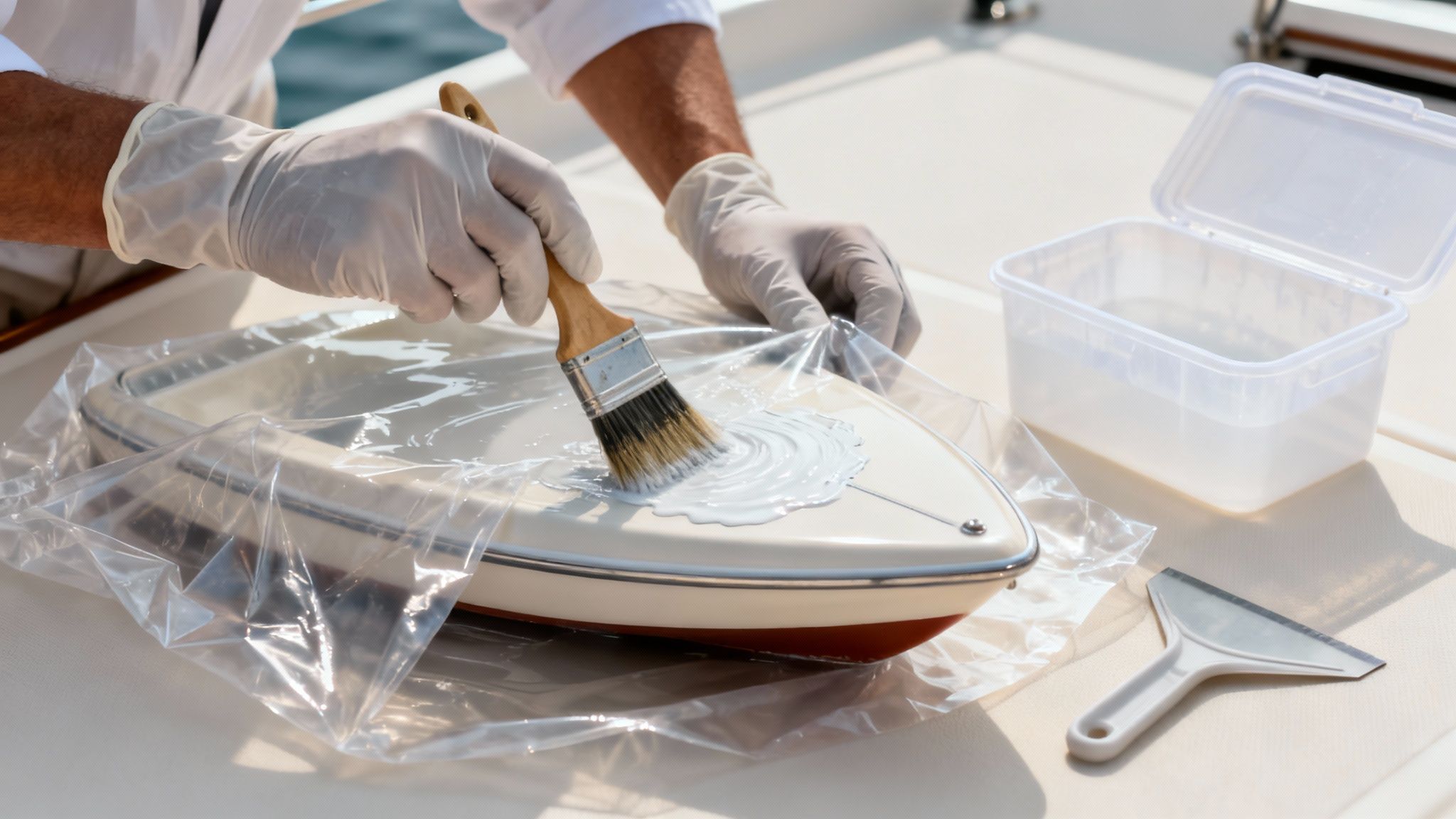 Person in white gloves carefully painting a small boat model with a brush and white paint.