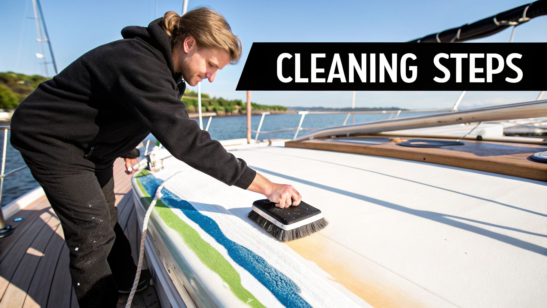 Close-up of a person's hand wearing a glove scrubbing a moldy patch on a white boat canvas.