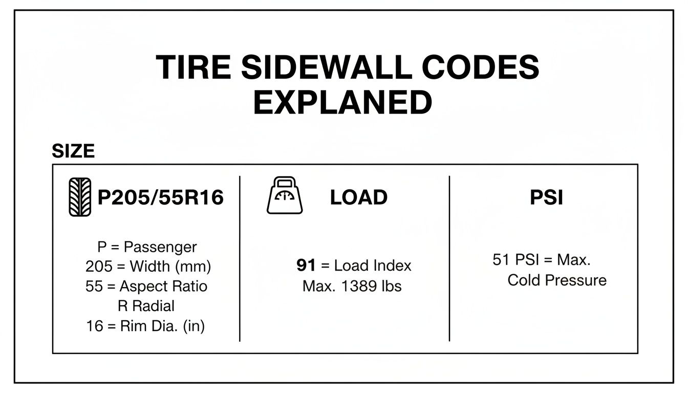 Infographic explaining tire sidewall codes, detailing passenger tire size, load index, and maximum cold pressure.