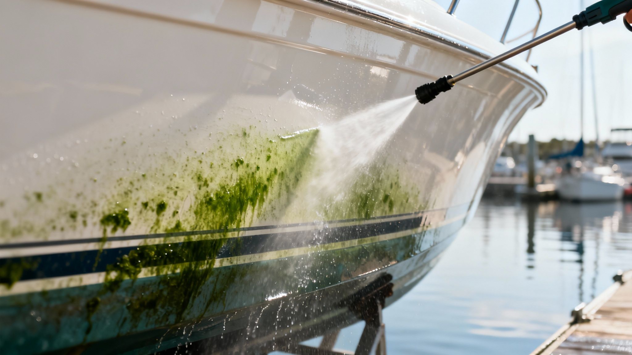 Close-up of a boat being pressure washed to remove green algae and marine growth.