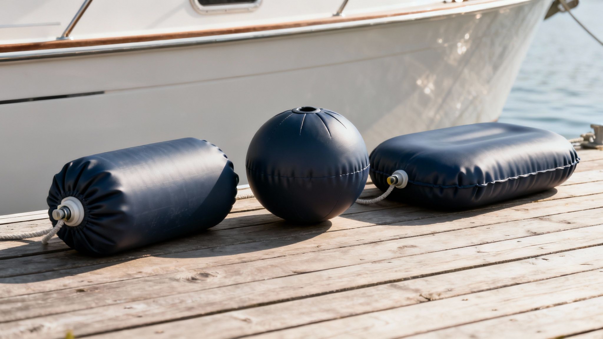 Three blue boat fenders of different shapes rest on a wooden dock beside a white boat.