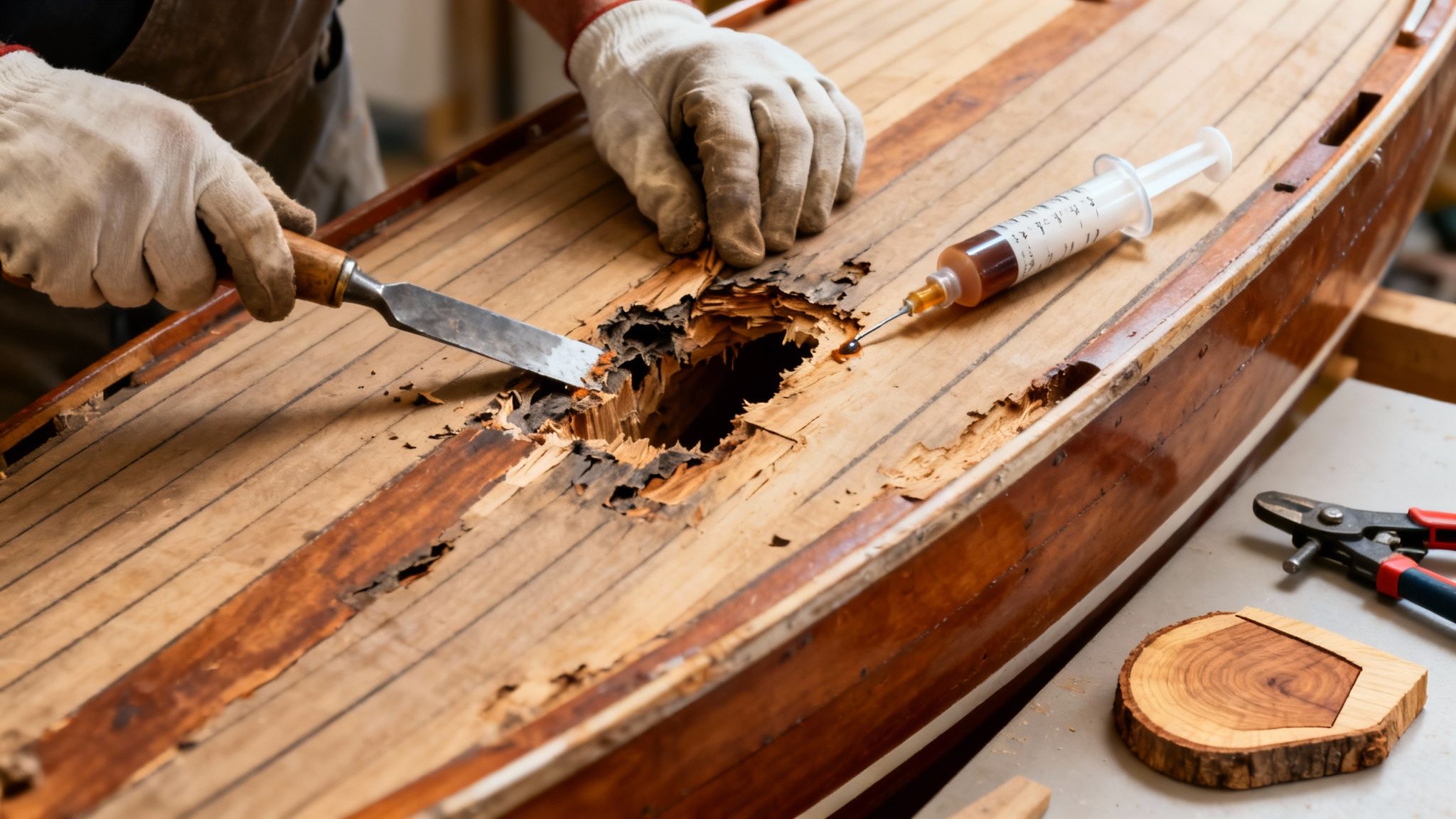 A person with gloves uses a chisel and syringe to repair a severely damaged wooden boat hull.