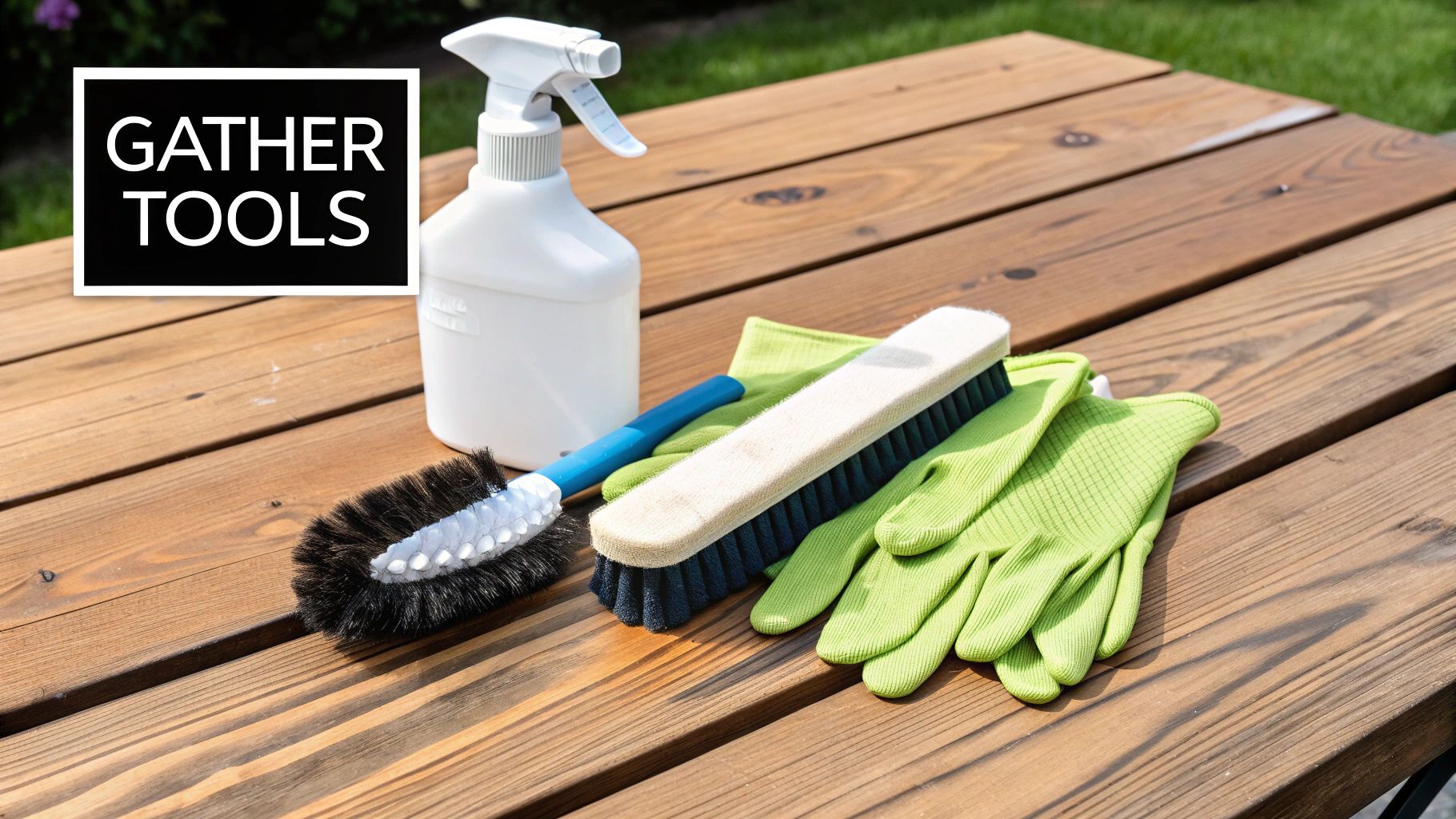 An assortment of teak cleaning products and tools, including brushes and spray bottles, laid out on a teak surface.