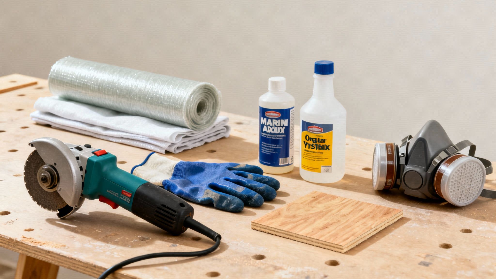 Boat repair essentials: fiberglass, resin, grinder, safety mask, gloves, and wood on a workbench.
