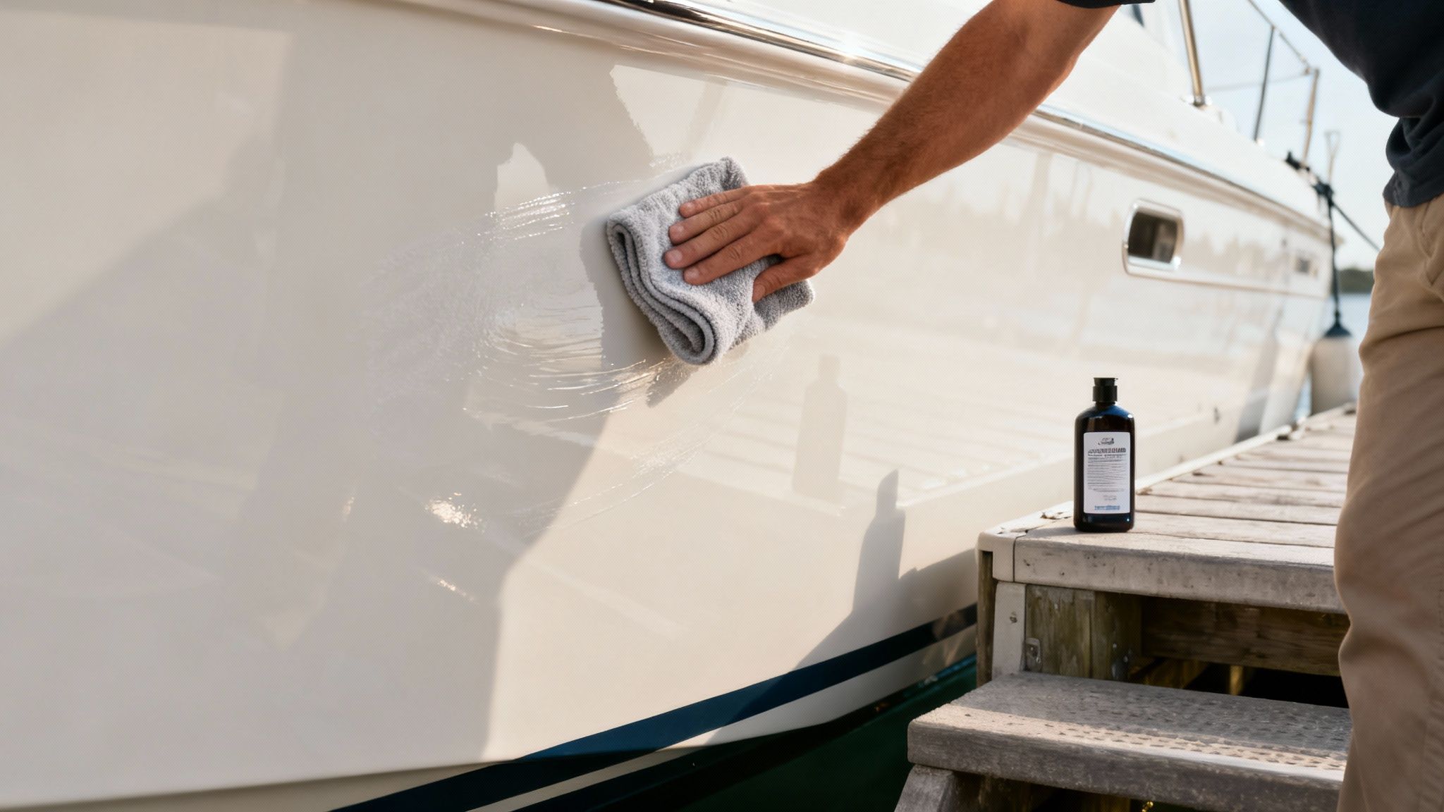 Person's hand cleaning a white boat hull with a grey cloth and cleaning product.