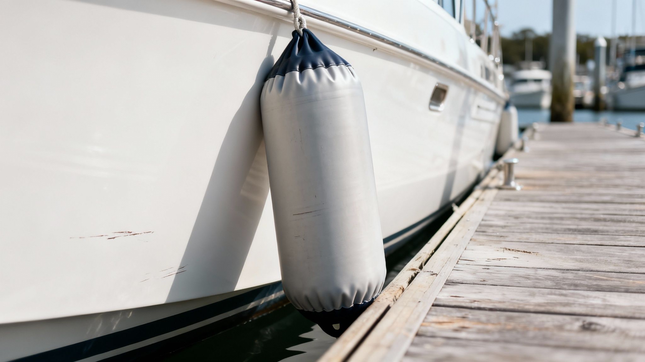 A white boat with a grey and black boat fender docked alongside a weathered wooden pier.