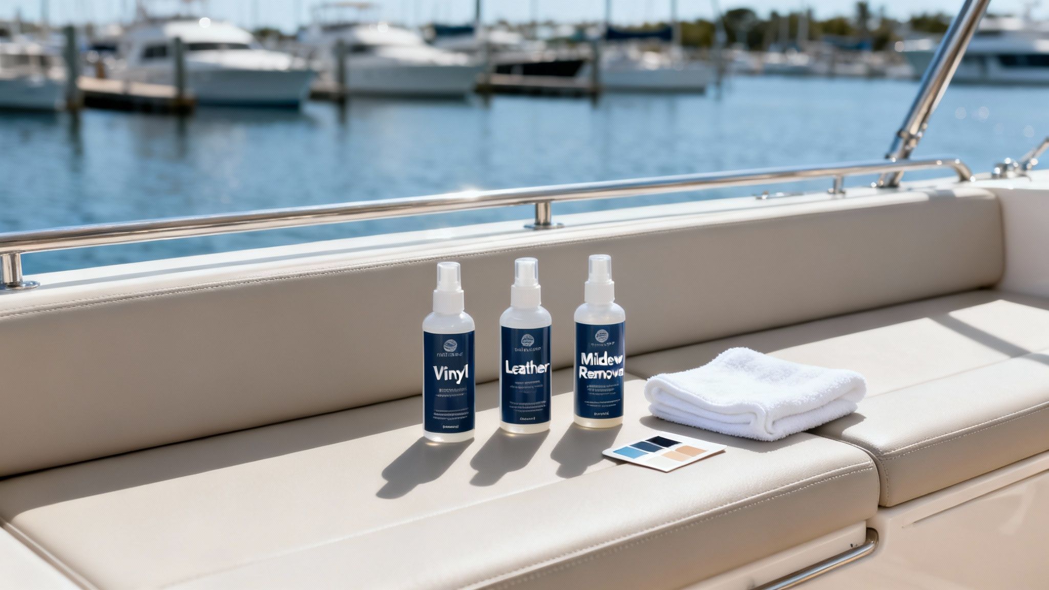 Three boat cleaning products (Vinyl, Leather, Mildew Removal) and a white towel on light marine upholstery.