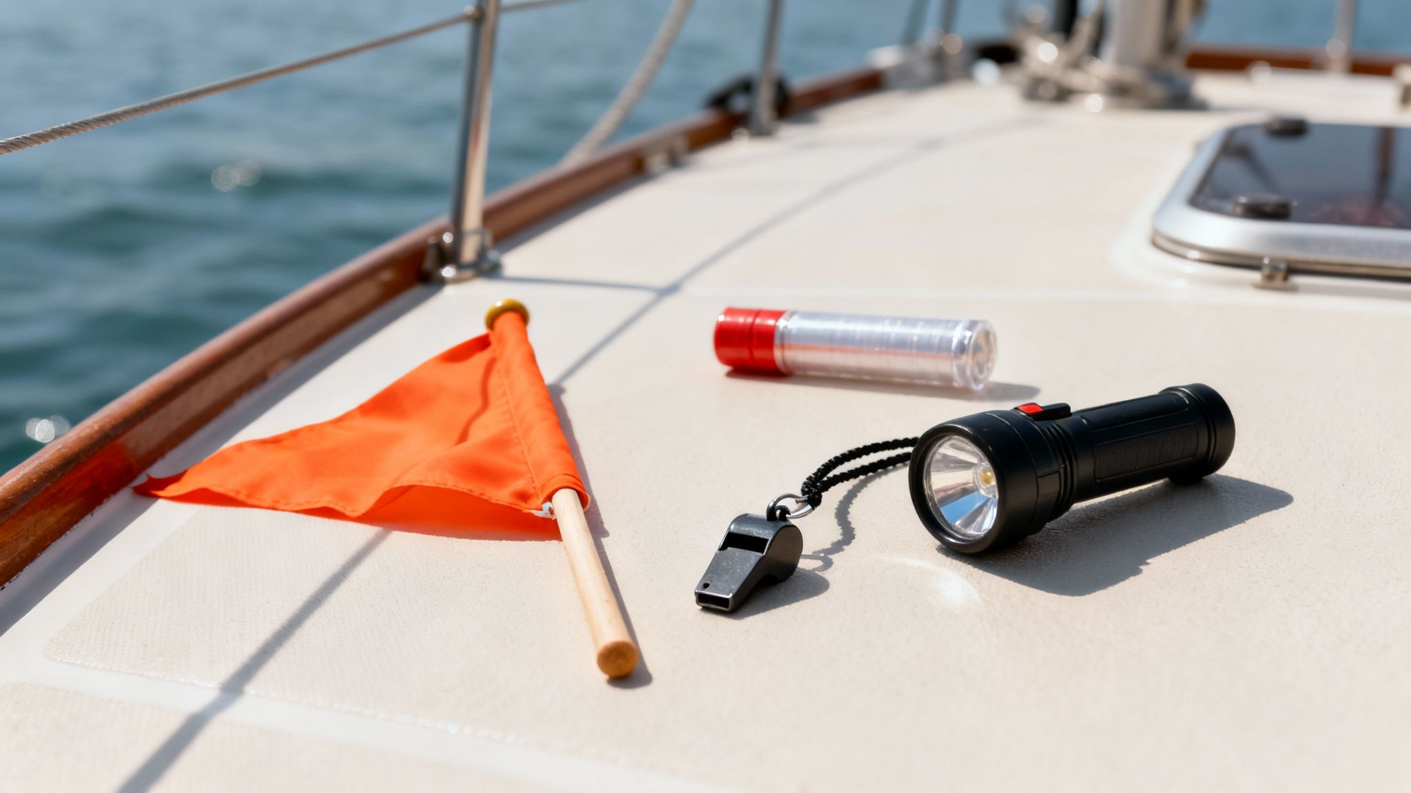 A marine fire extinguisher is shown mounted on the interior wall of a boat cabin, easily accessible.