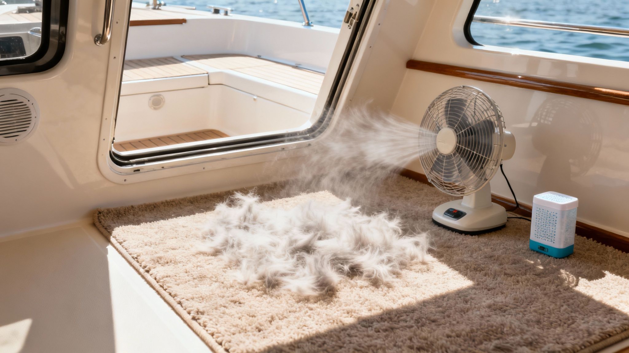 A well-ventilated boat cabin with sunlight streaming in, highlighting a clean and dry carpet.
