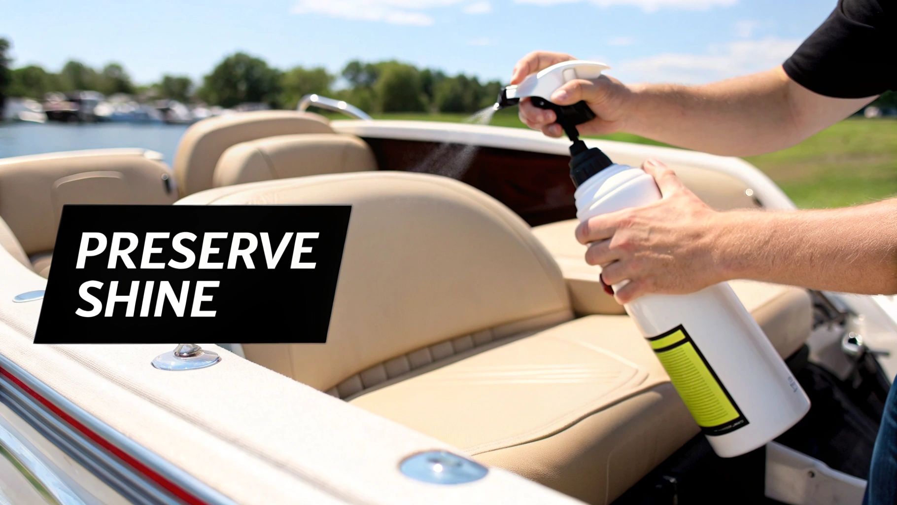 A person's hand in a blue glove carefully cleaning a white boat vinyl seat with a cloth.