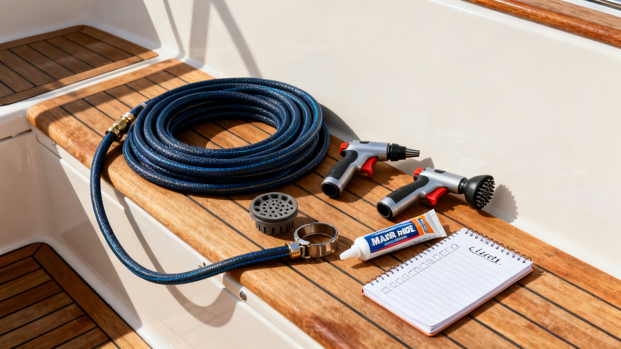 Boat cleaning tools on a teak deck, including a coiled blue hose, spray nozzles, and cleaner.