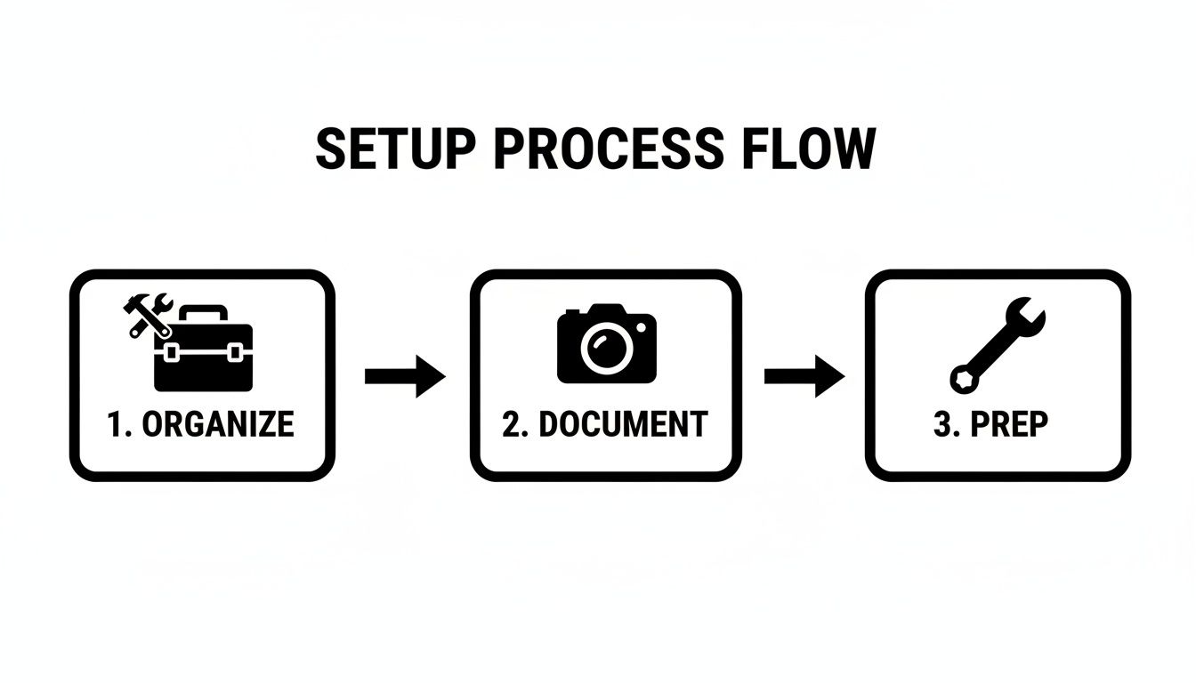 A setup process flow diagram showing three steps: Organize (toolbox), Document (camera), and Prep (wrench).