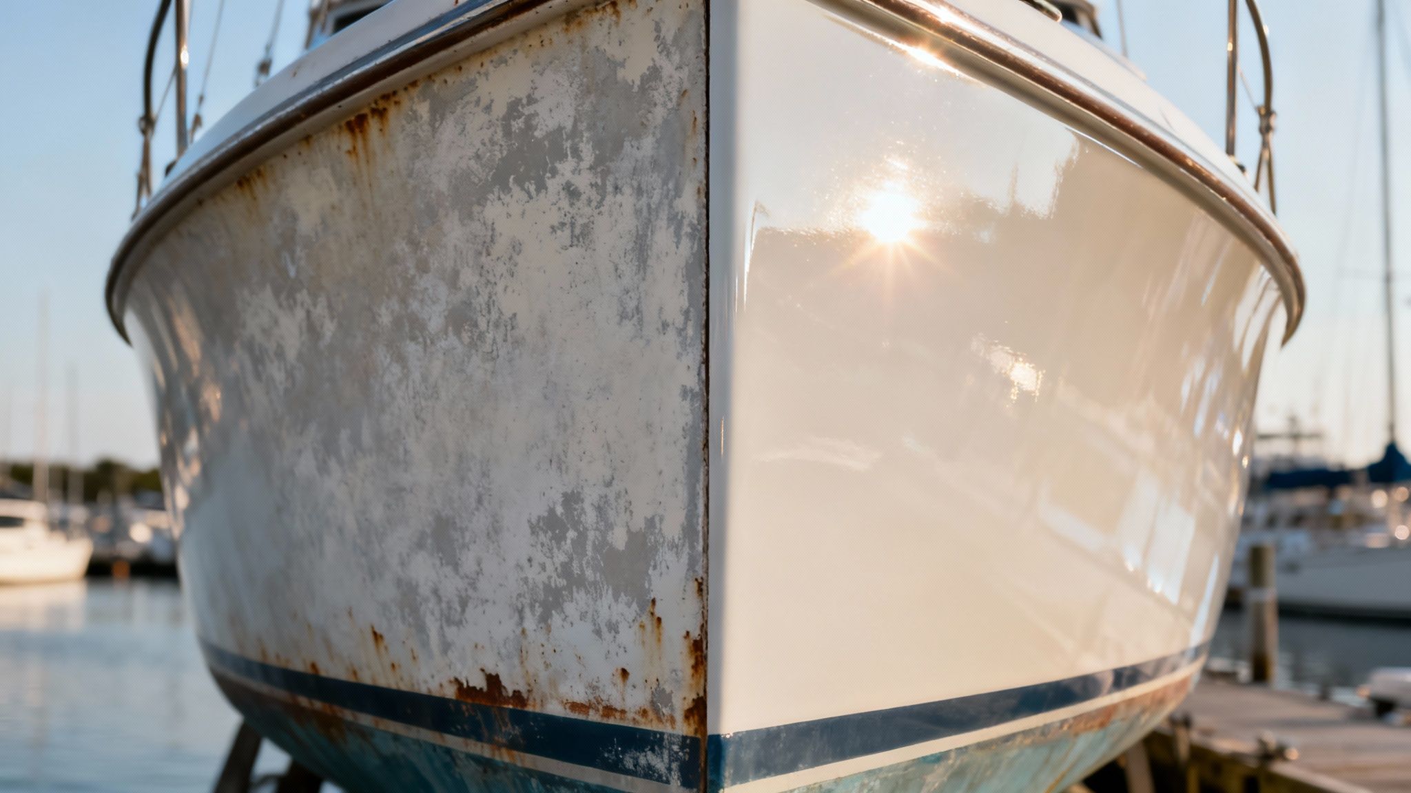 A heavily oxidized white boat hull being restored, showing a clear before-and-after contrast