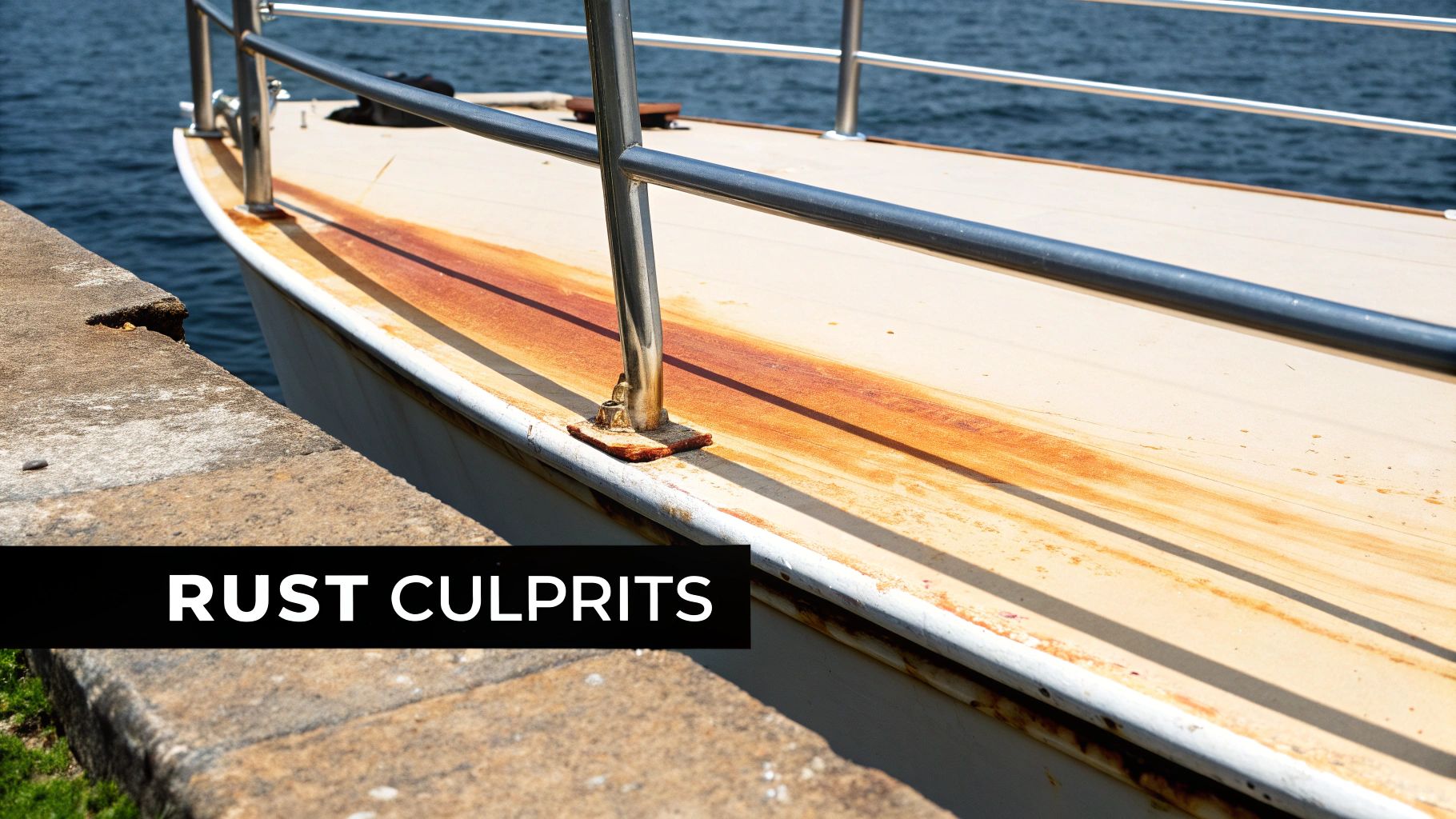An orange rust stain on the white fiberglass hull of a boat, near a metal railing.