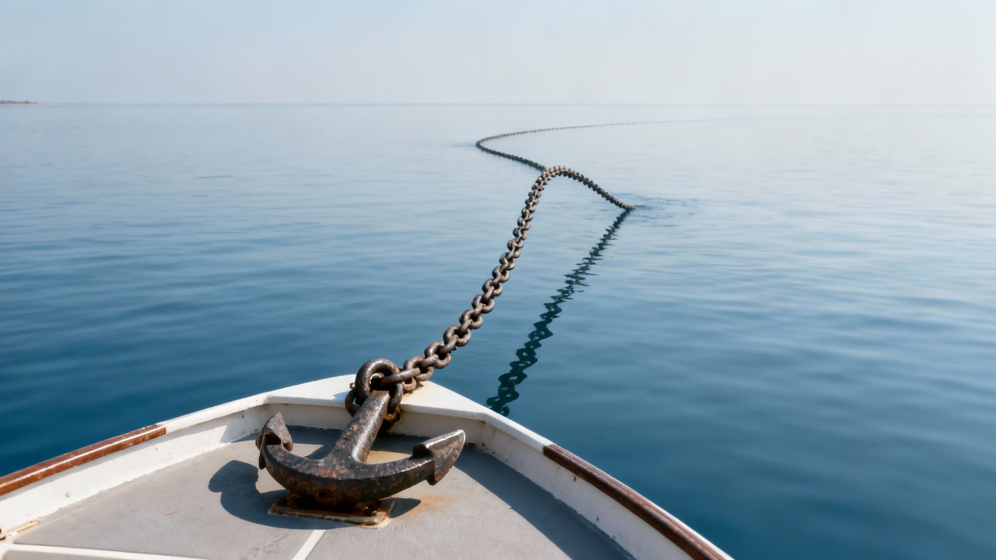 A close-up of a boat anchor chain neatly coiled on the deck of a boat.