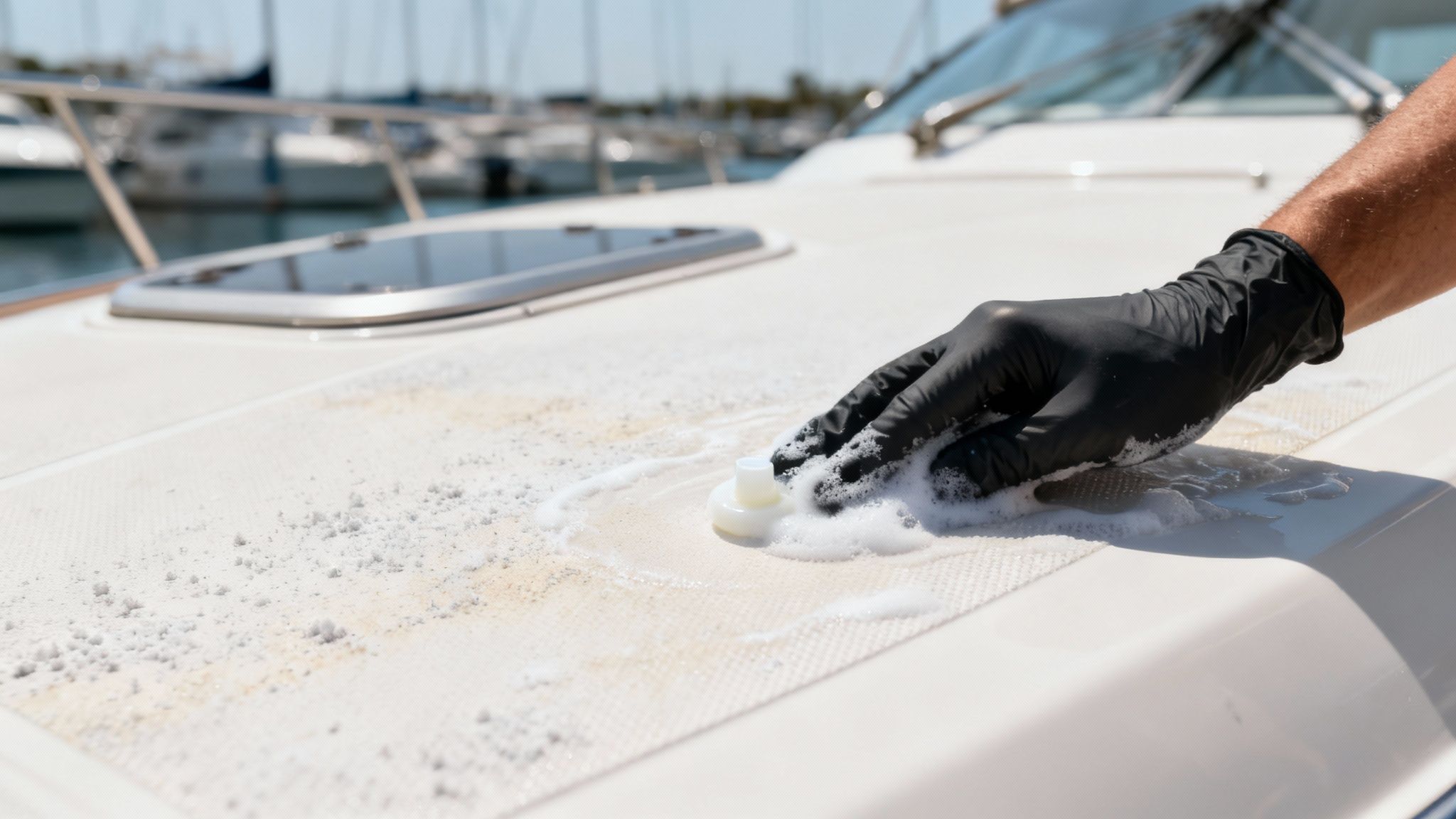 A clean boat deck reflecting the sunlight after being washed with specialized boat cleaning products